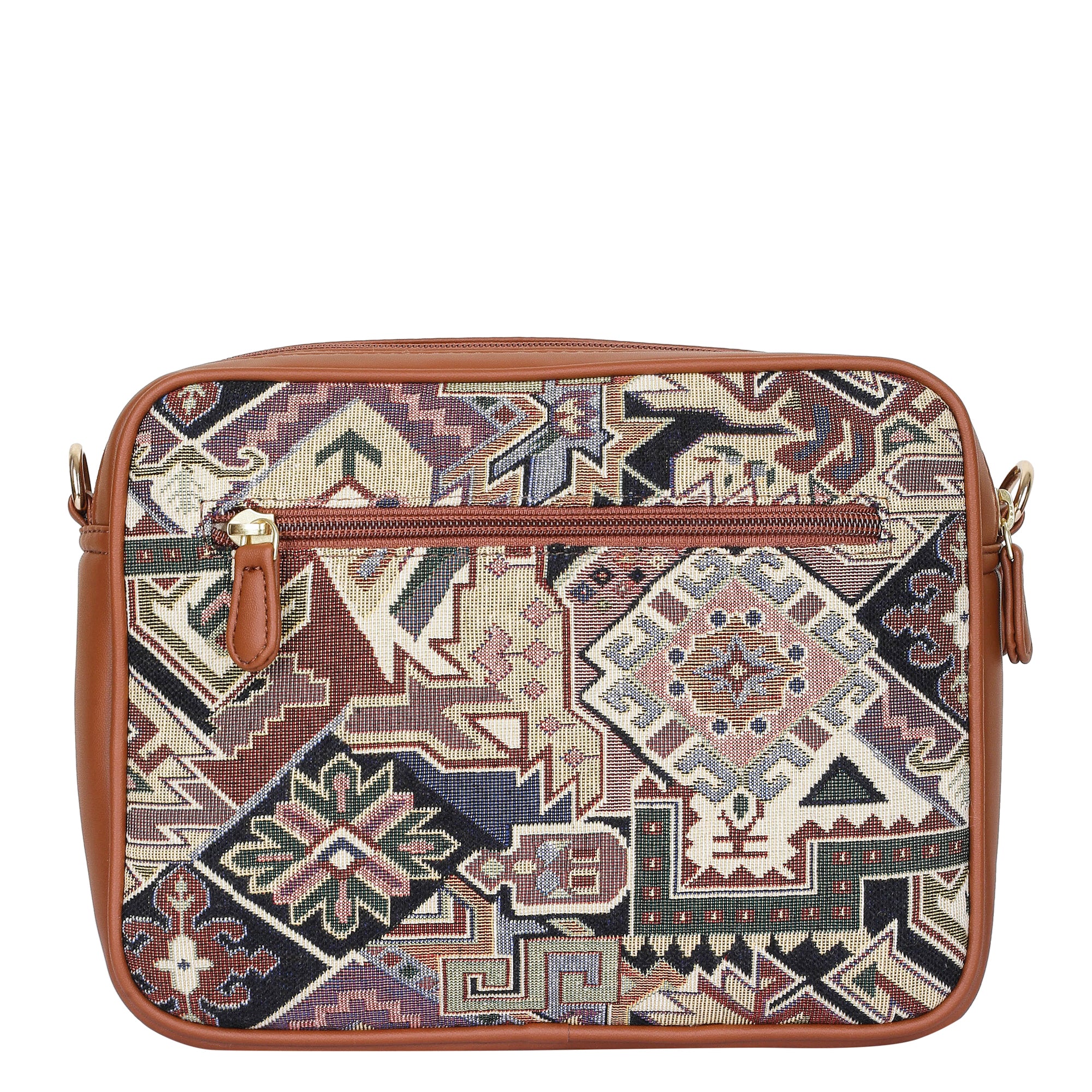 Ladies’ Geometric Tapestry Sling Bag – Vegan Leather Crossbody Satchel with Adjustable Strap for Office, Errands & Outings