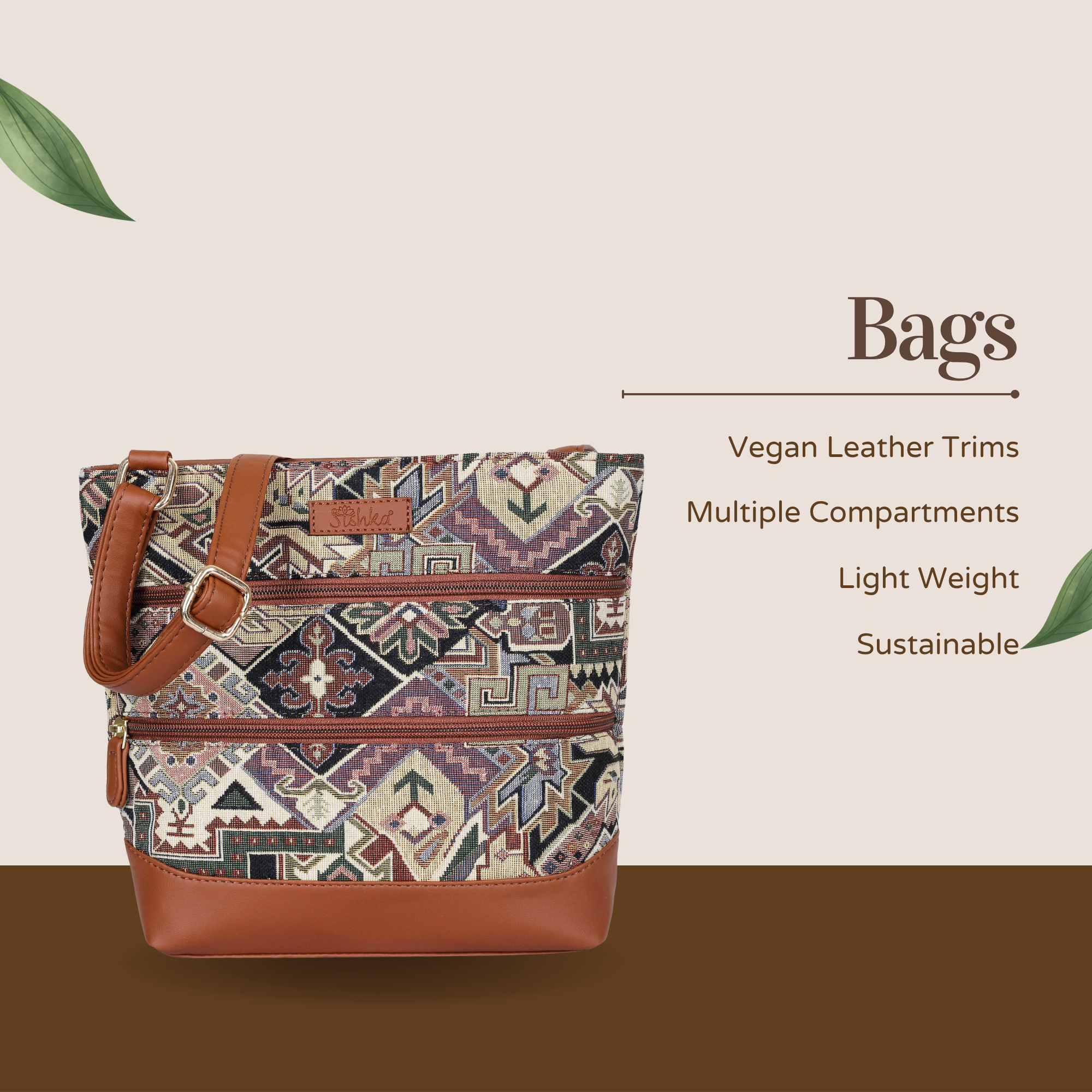 Ladies’ Geometric Tapestry Sling Bag – Crossbody & Shoulder Purse with Vegan Leather Trim & Adjustable Strap for Casual Outings