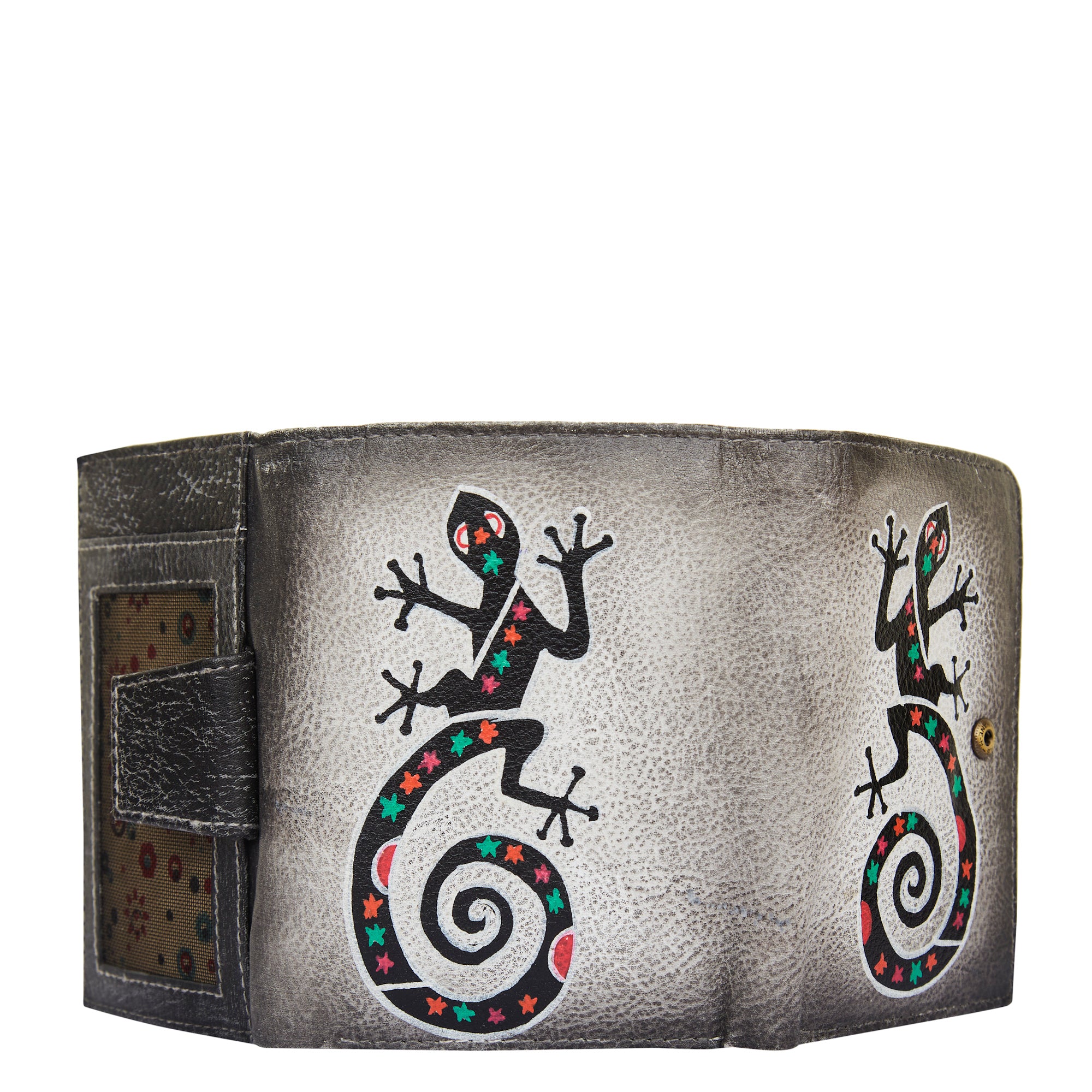 Hand-painted trifold wallet for women with a Black Lizard design