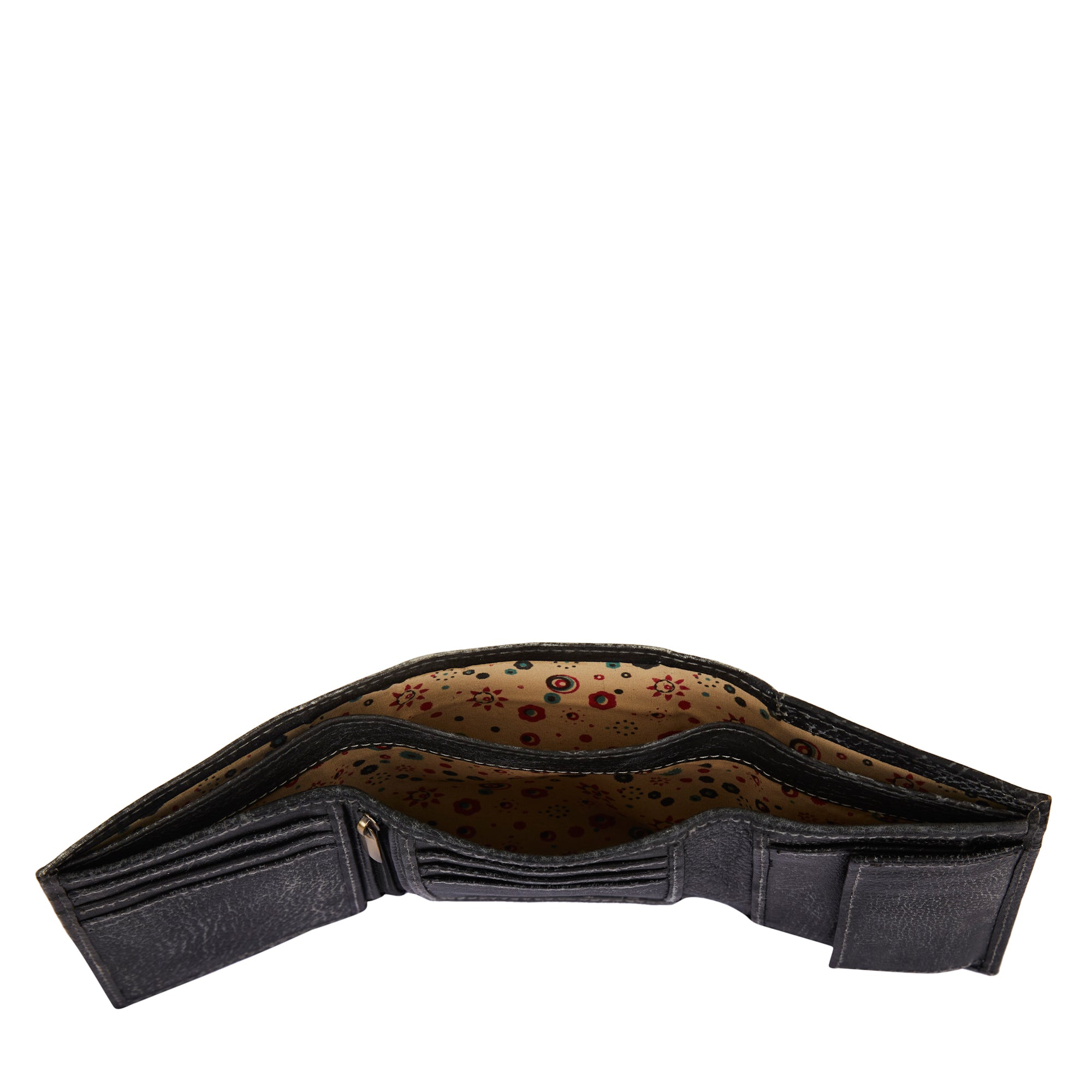Hand-painted trifold wallet for women with a Black Lizard design