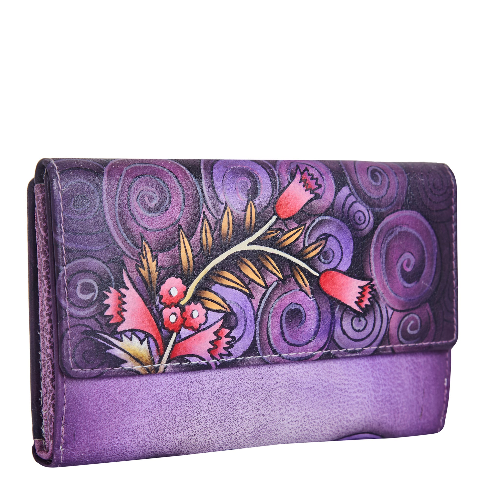 Bifold wallet made of real leather with a hand-painted swan design