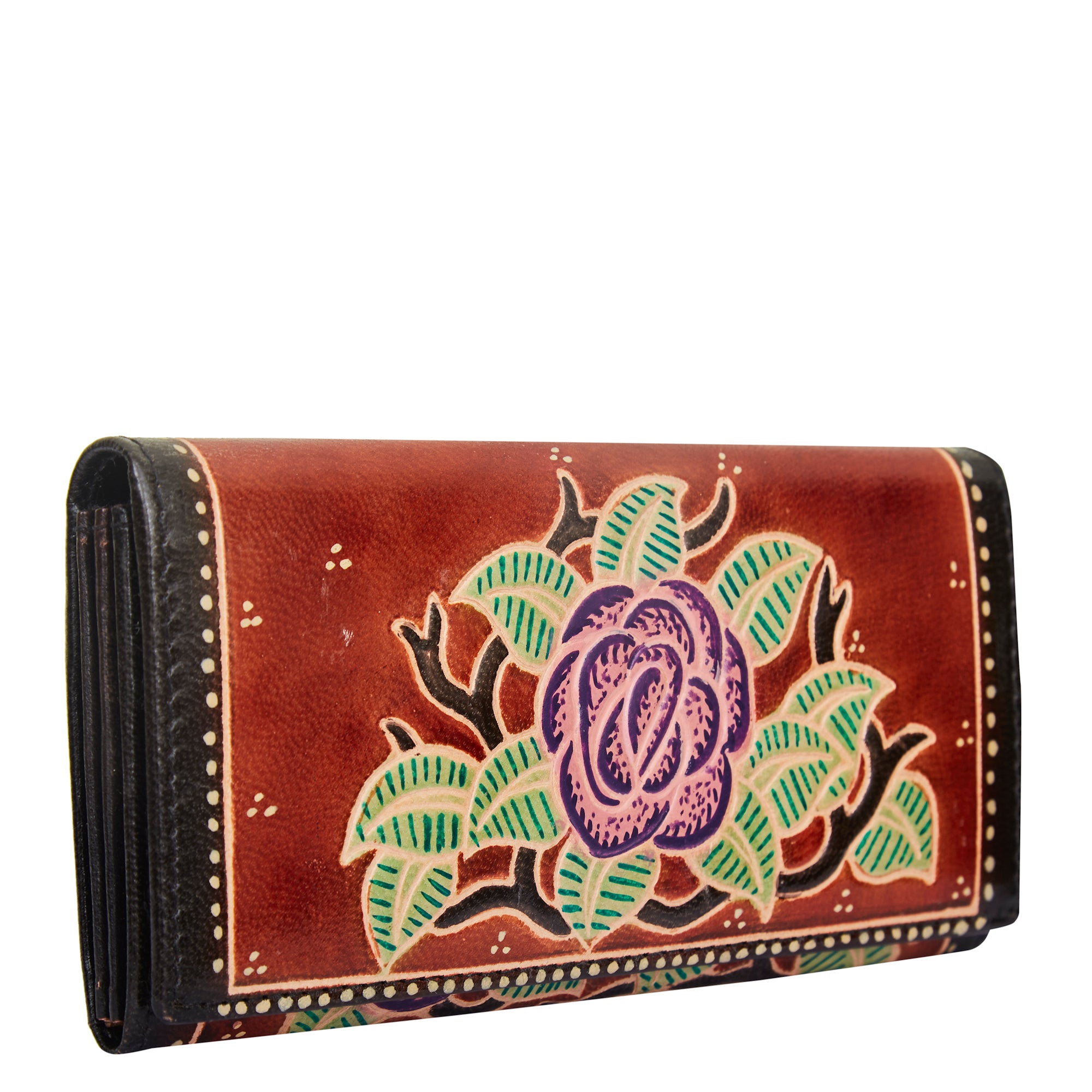 Hand-Painted Red Leather Wallet with Pink Flower Accent