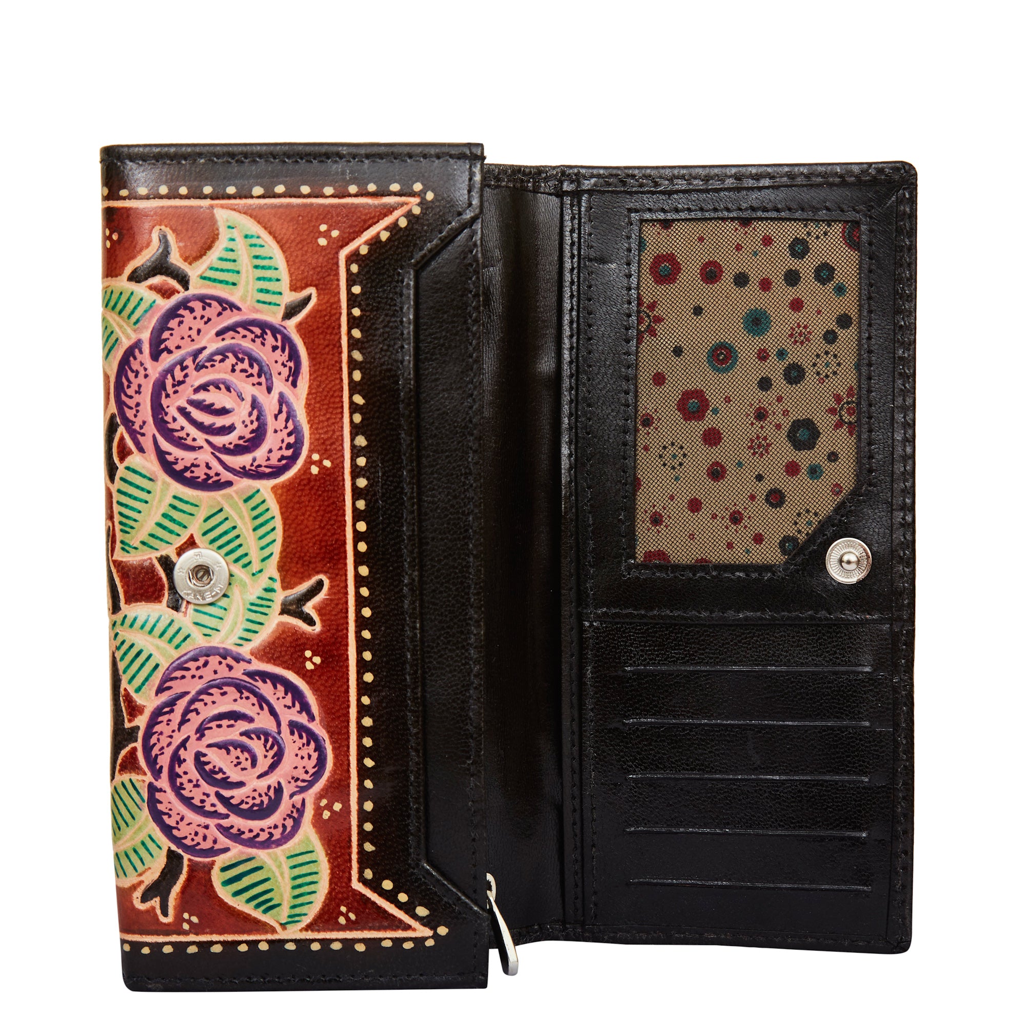 Hand-Painted Red Leather Wallet with Pink Flower Accent