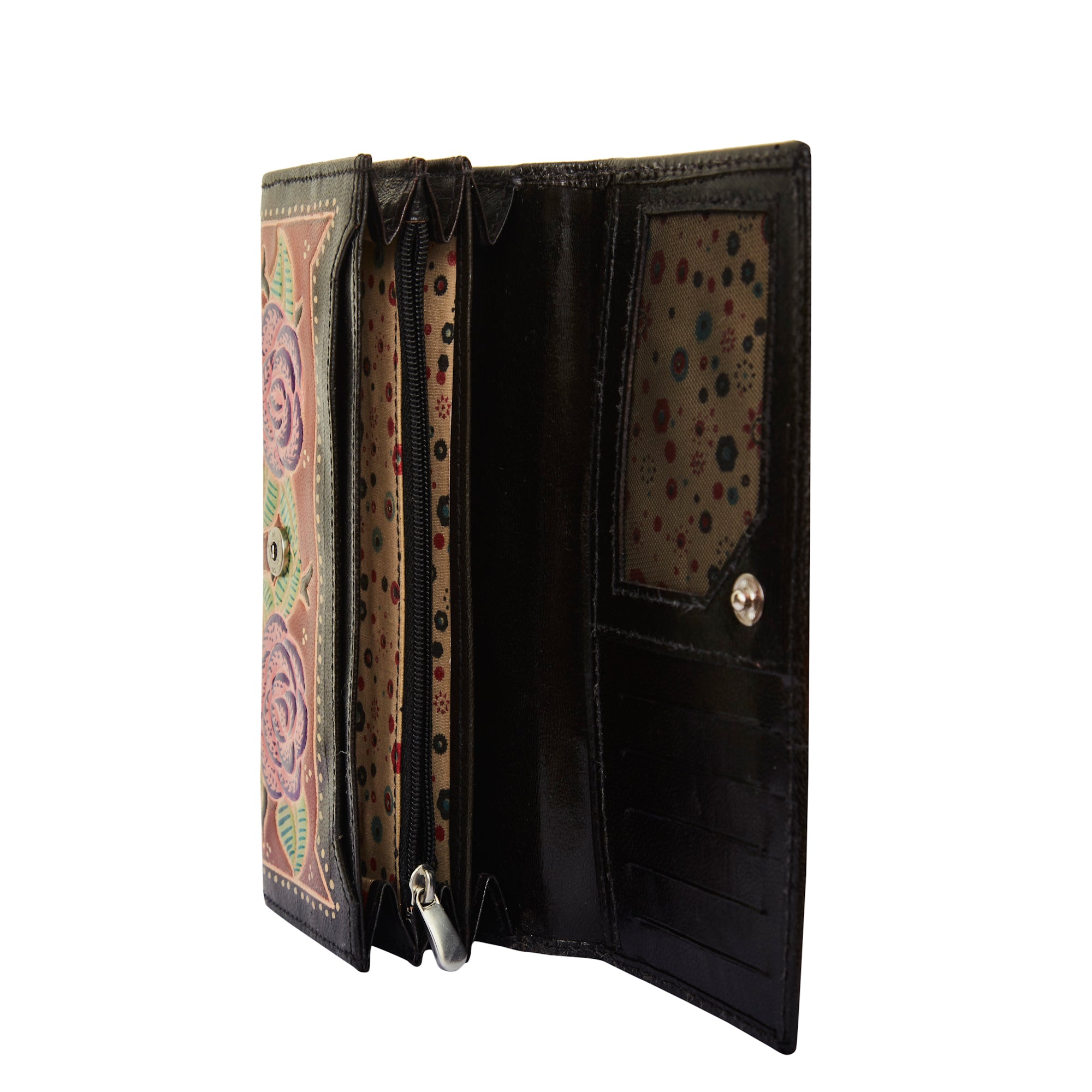 Hand-Painted Red Leather Wallet with Pink Flower Accent