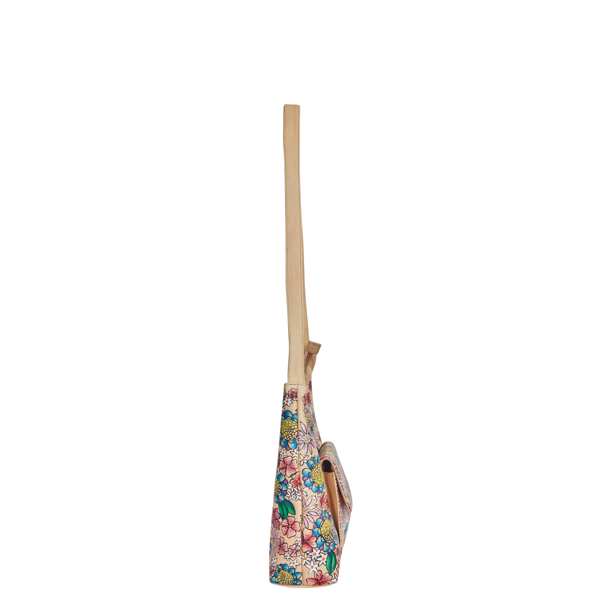 Elegant Leather Hobo Bag with Hand-Painted Floral Design