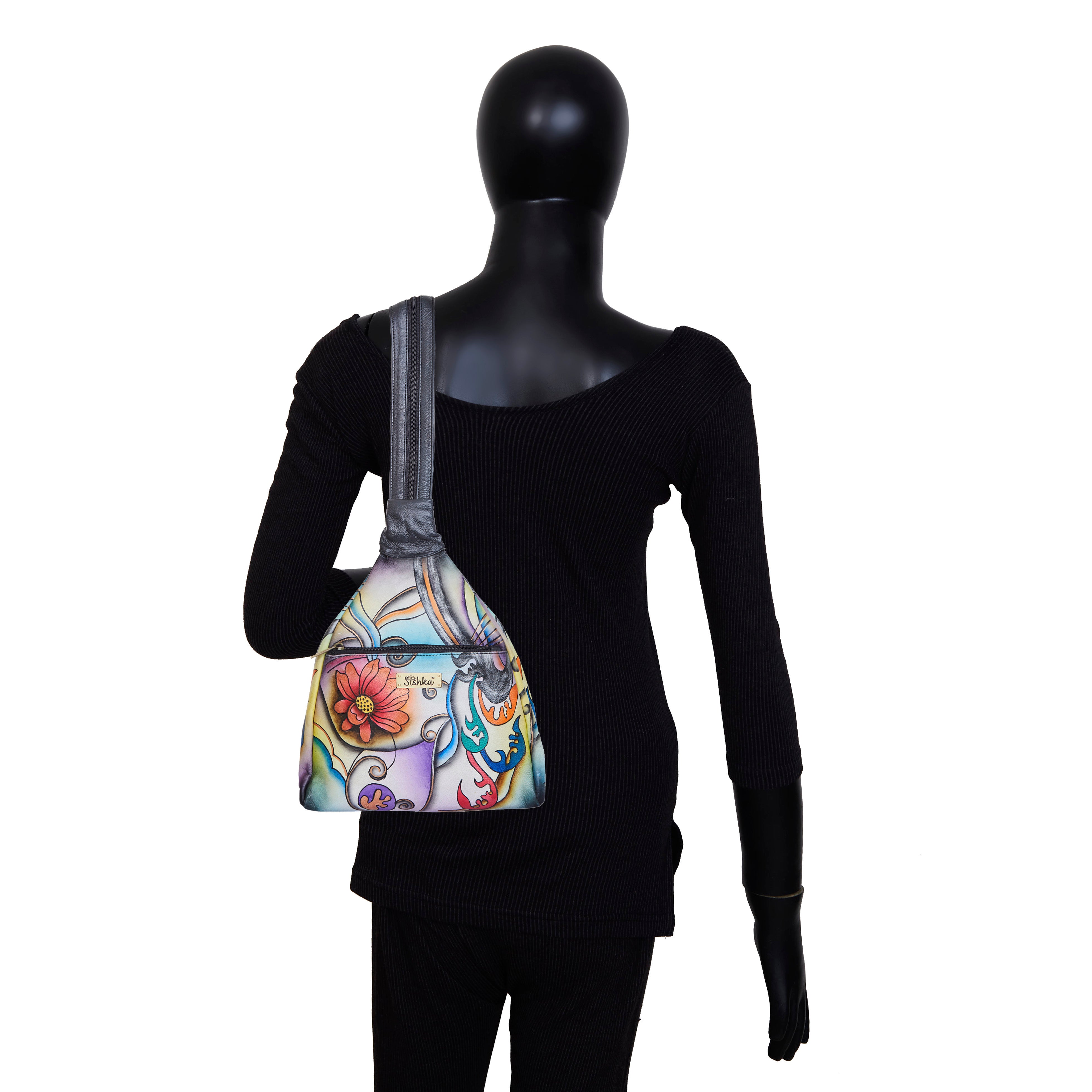 Convertible leather backpack with a hand-painted floral motif