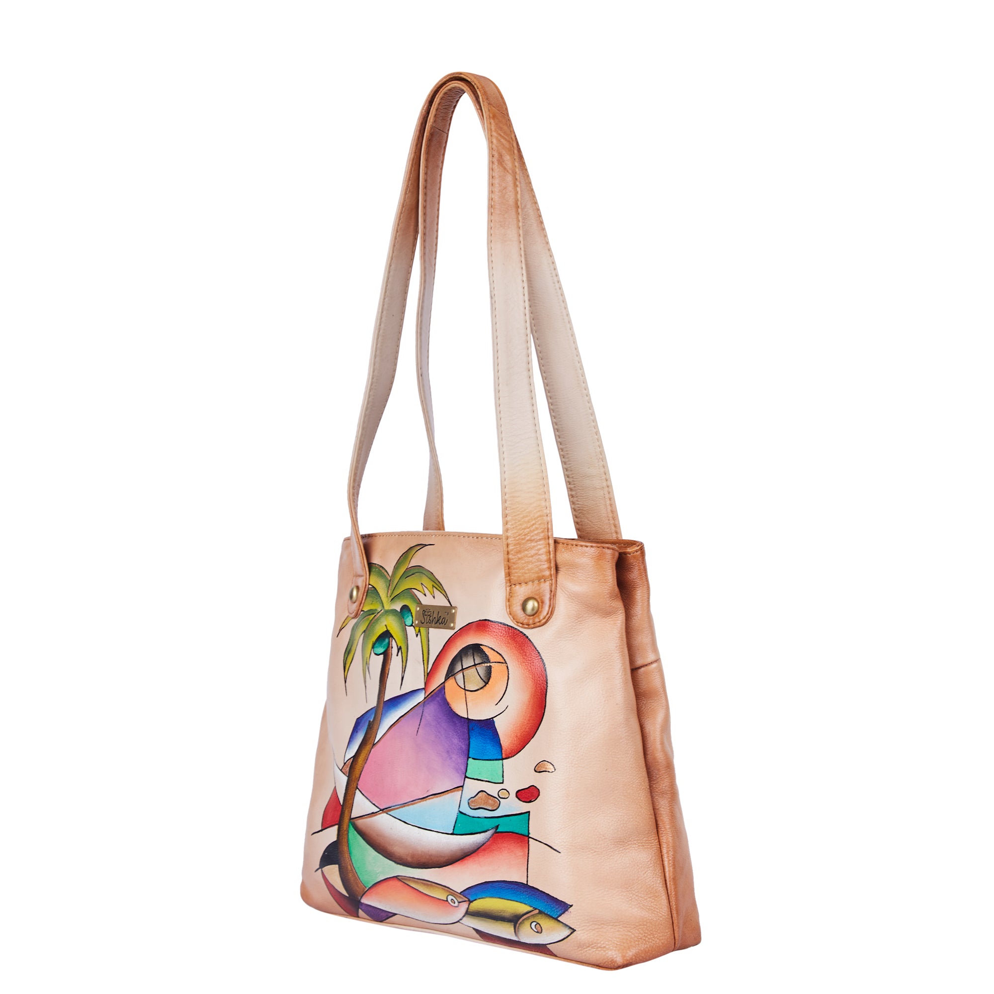 Stylish Hand-Painted Brown Leather Tote Bag