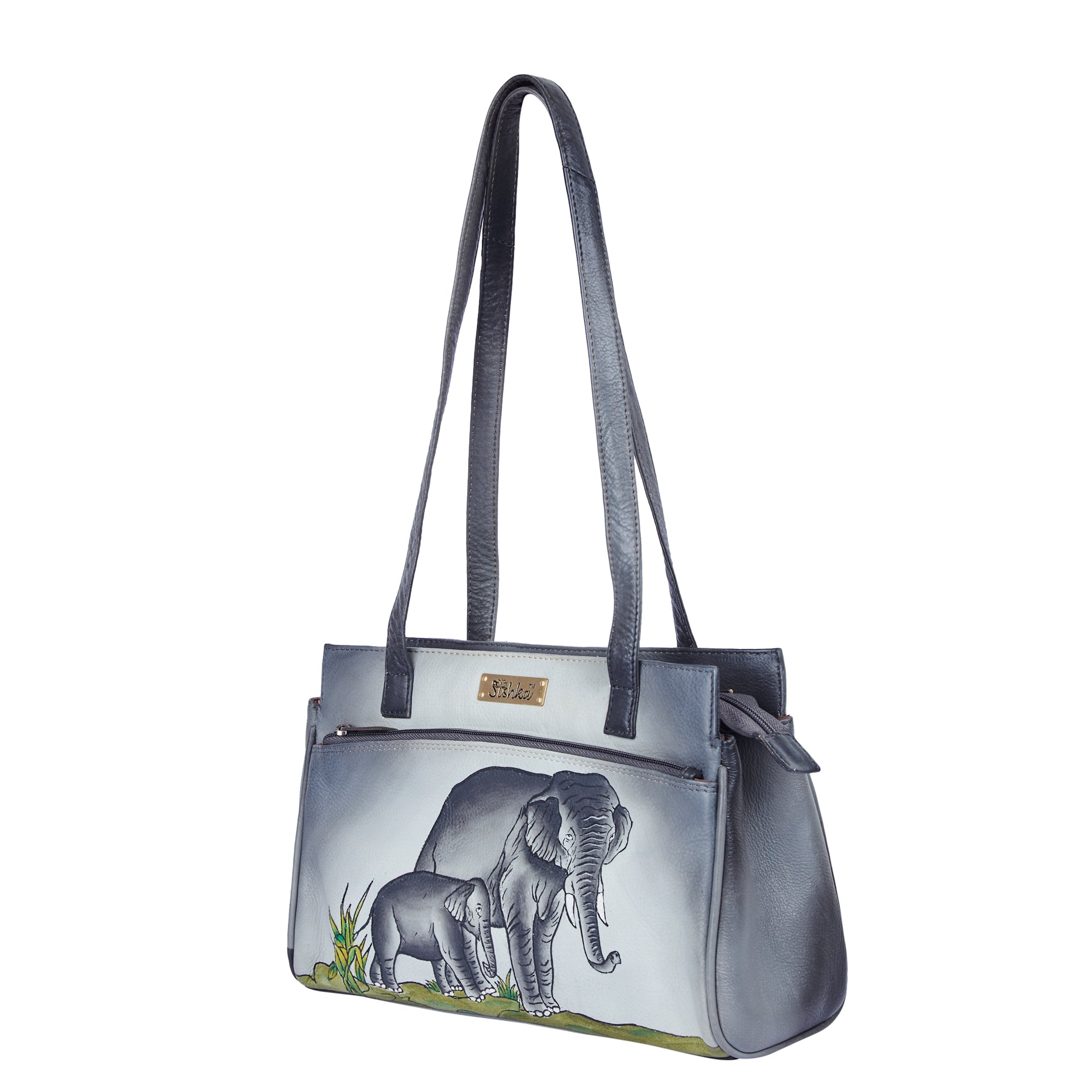 Women's Classic Black Leather Shoulder Bag with Hand-Painted Elephant