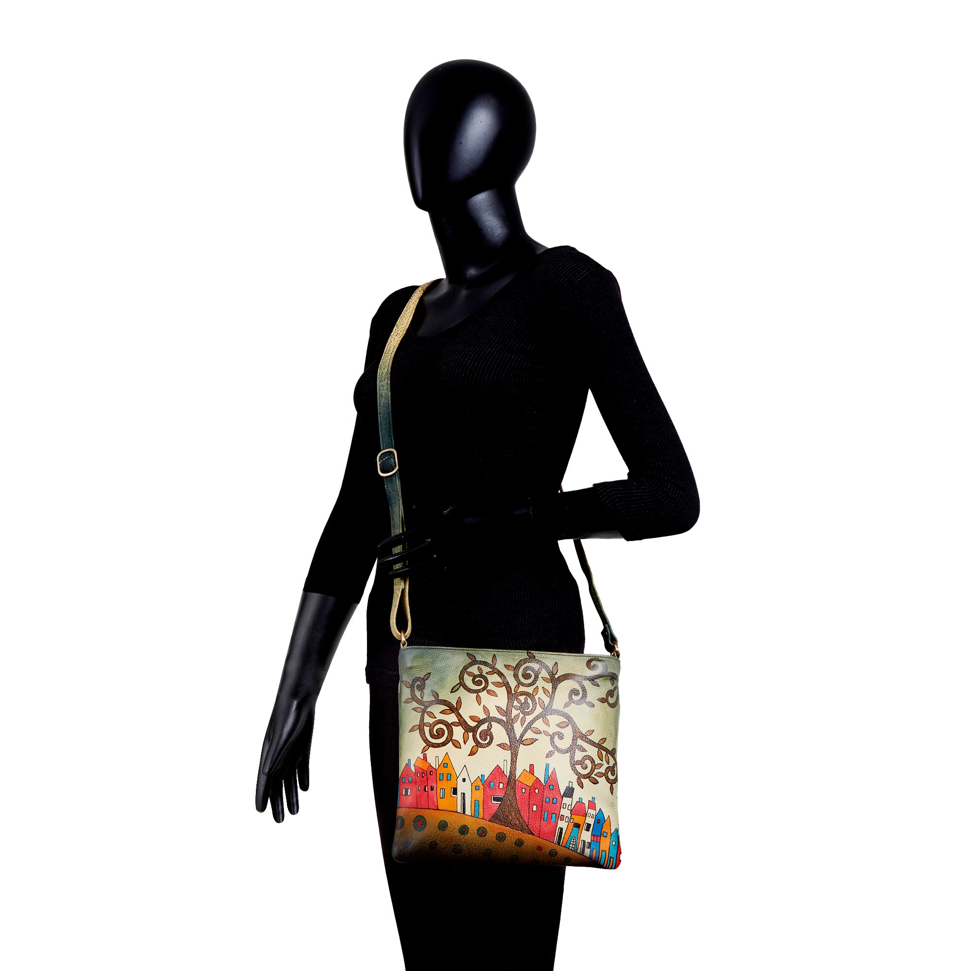 Hand-Painted Black Slim Crossbody bag with Dual Compartments