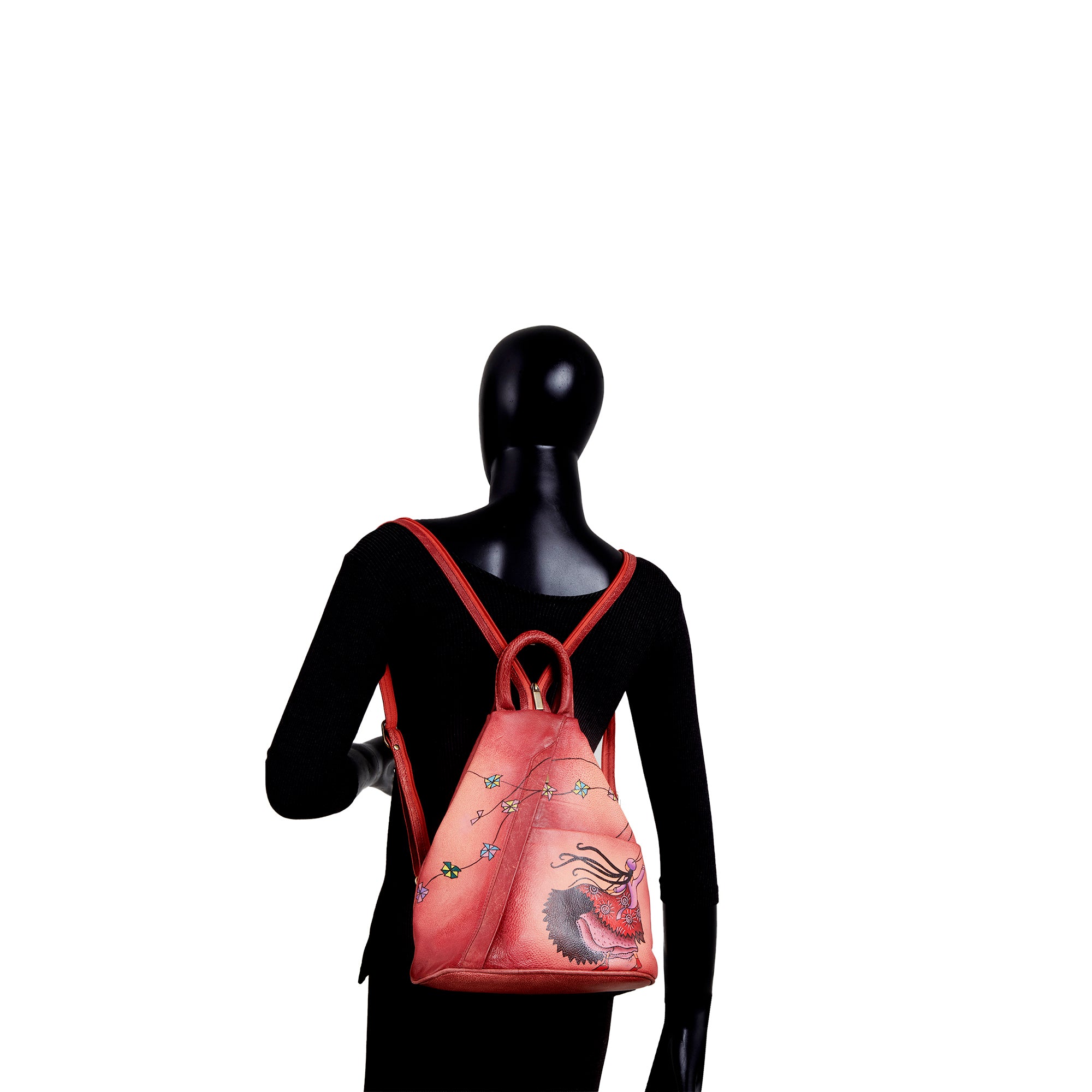 Convertible Red Triangle Backpack with Hand-Painted Design