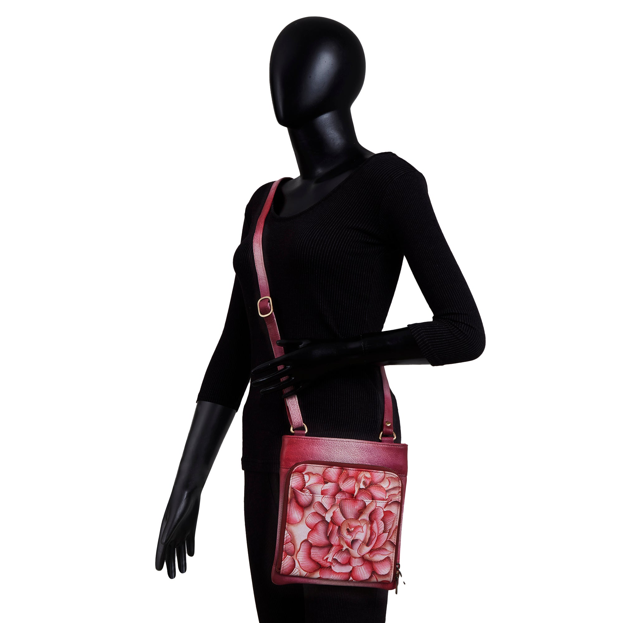 Floral Hand Painted Crossbody Bag with Front Zip Organizer