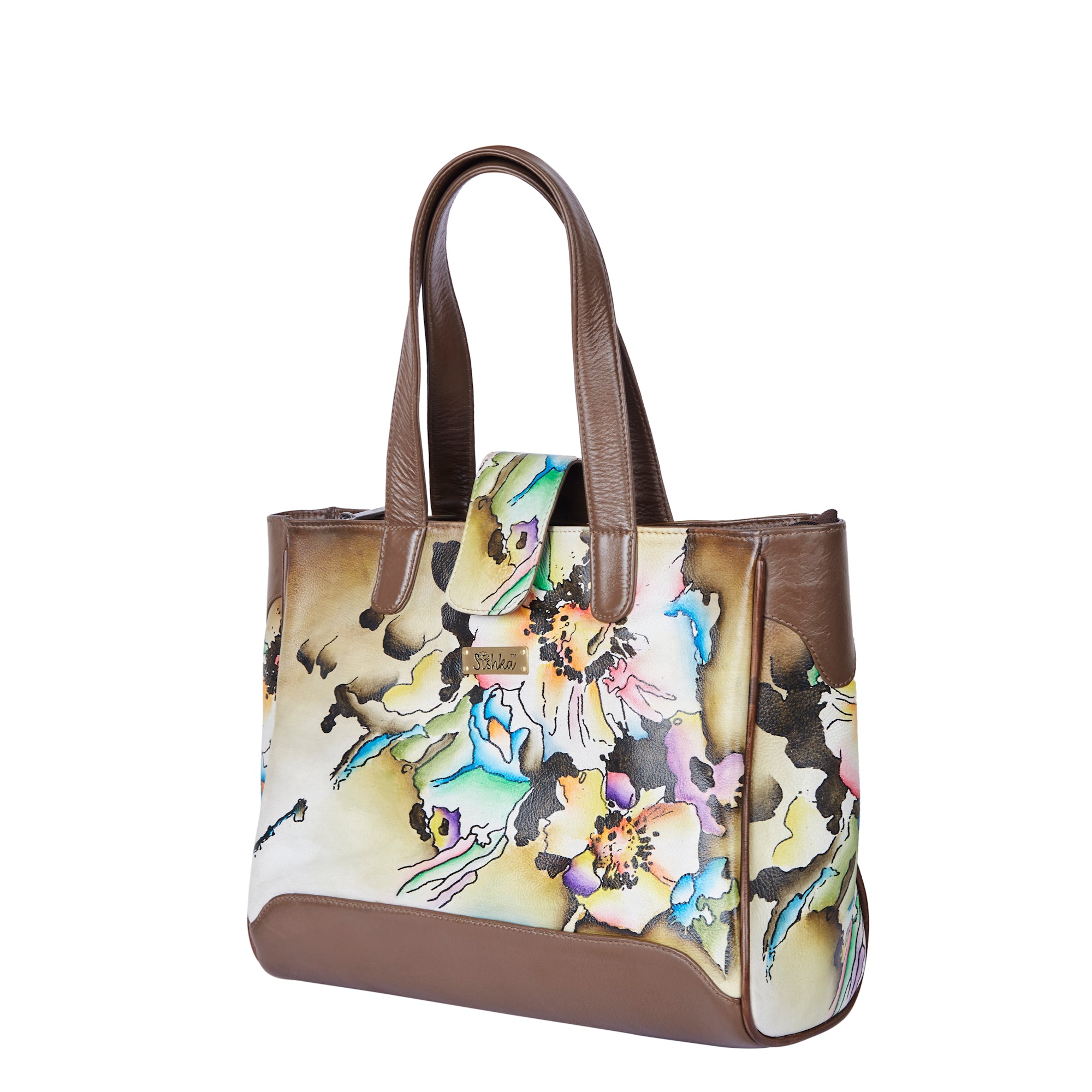 Brown and yellow leather tote bag, hand painted abstract design