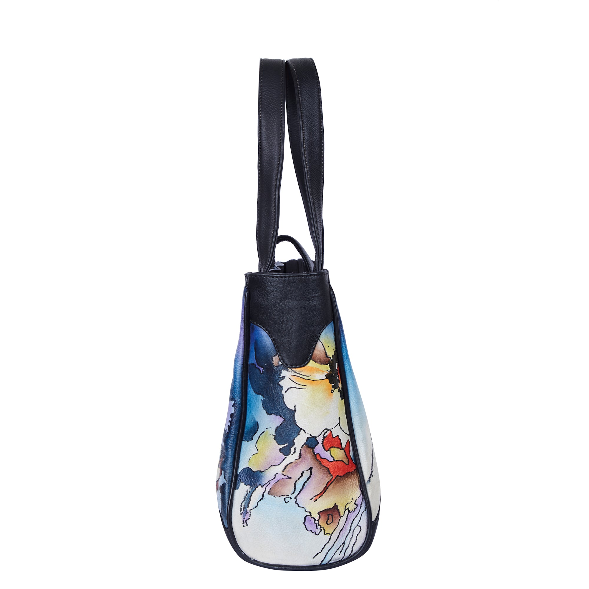 Abstract Blue & Black Leather Tote Bag with Hand Painted Design