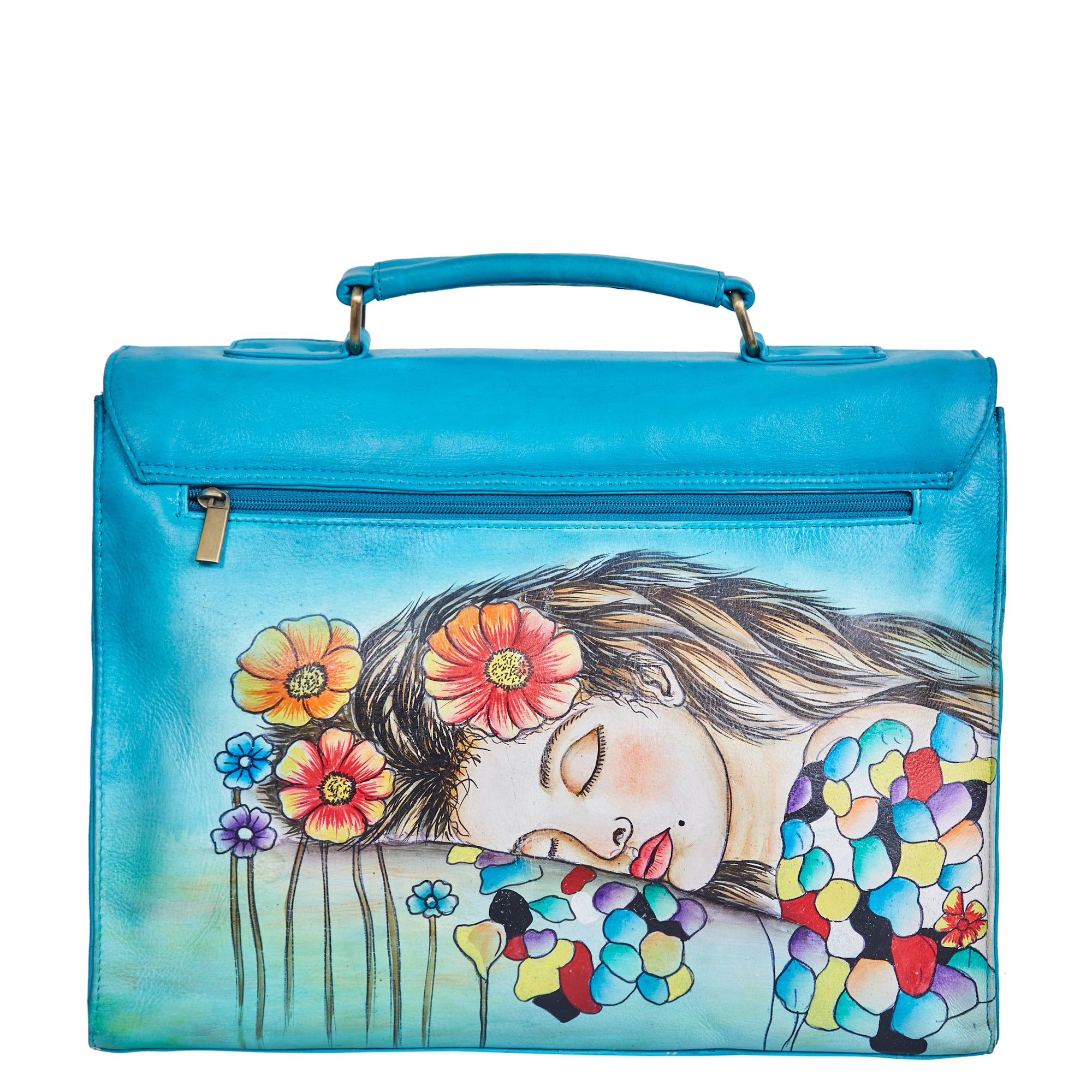 Sishka Women Leather Hand-Painted "Beautiful Dream" Business Bag – Blue Laptop Briefcase & Crossbody Satchel for Office, Travel & Work.