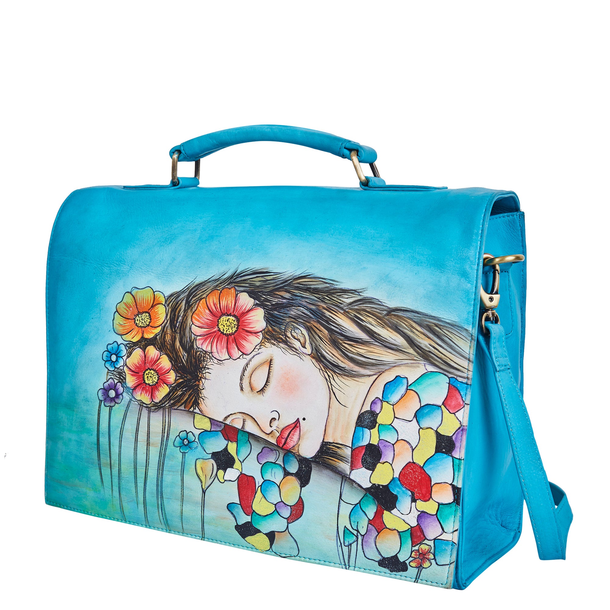 Sishka Women Leather Hand-Painted "Beautiful Dream" Business Bag – Blue Laptop Briefcase & Crossbody Satchel for Office, Travel & Work.