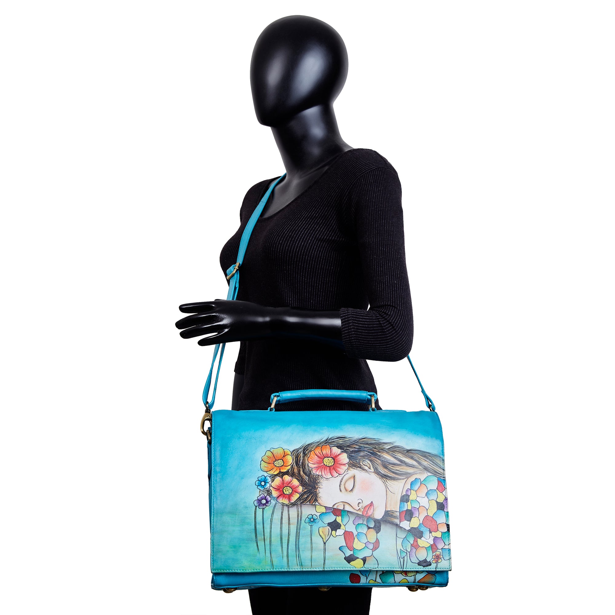 Sishka Women Leather Hand-Painted "Beautiful Dream" Business Bag – Blue Laptop Briefcase & Crossbody Satchel for Office, Travel & Work.