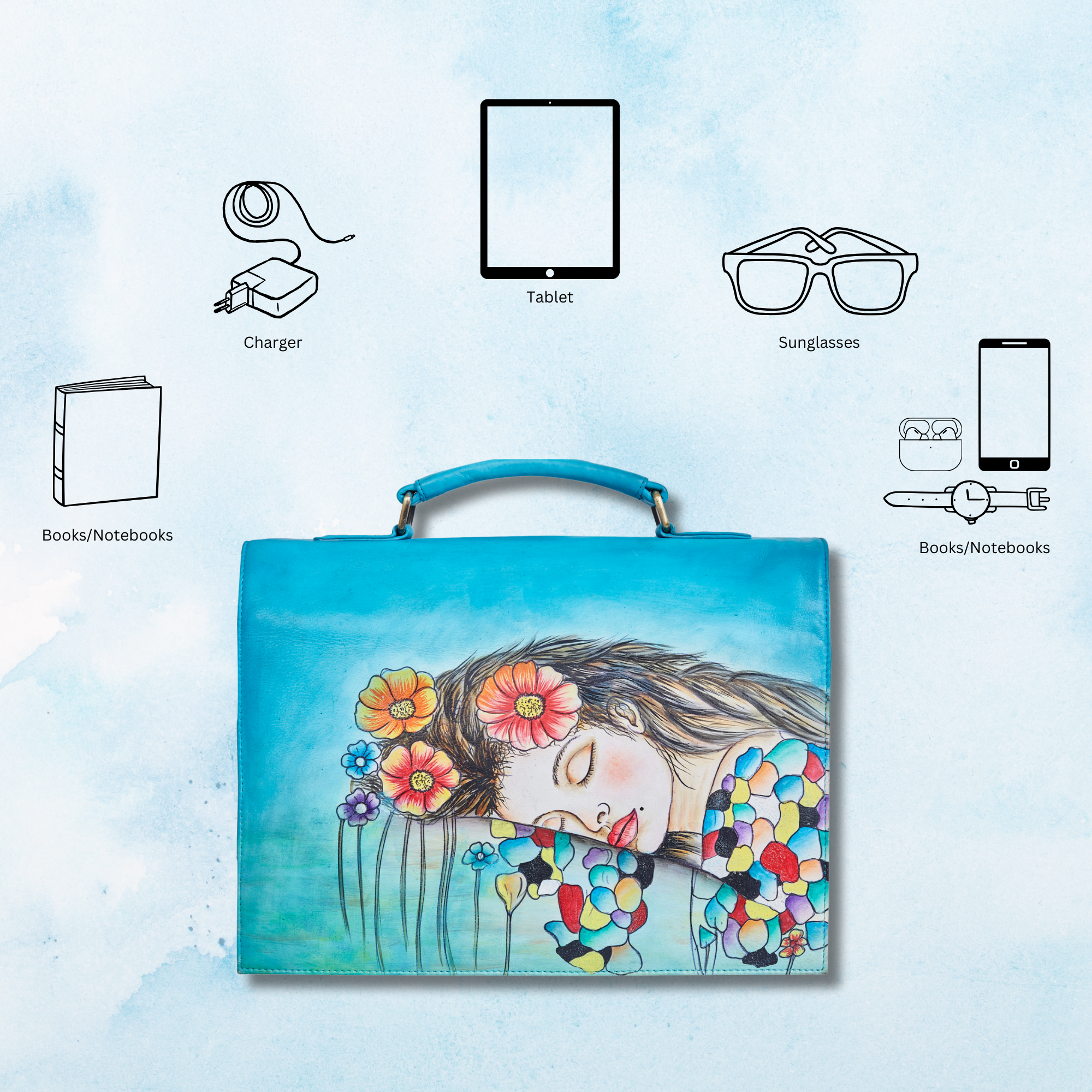 Sishka Women Leather Hand-Painted "Beautiful Dream" Business Bag – Blue Laptop Briefcase & Crossbody Satchel for Office, Travel & Work.