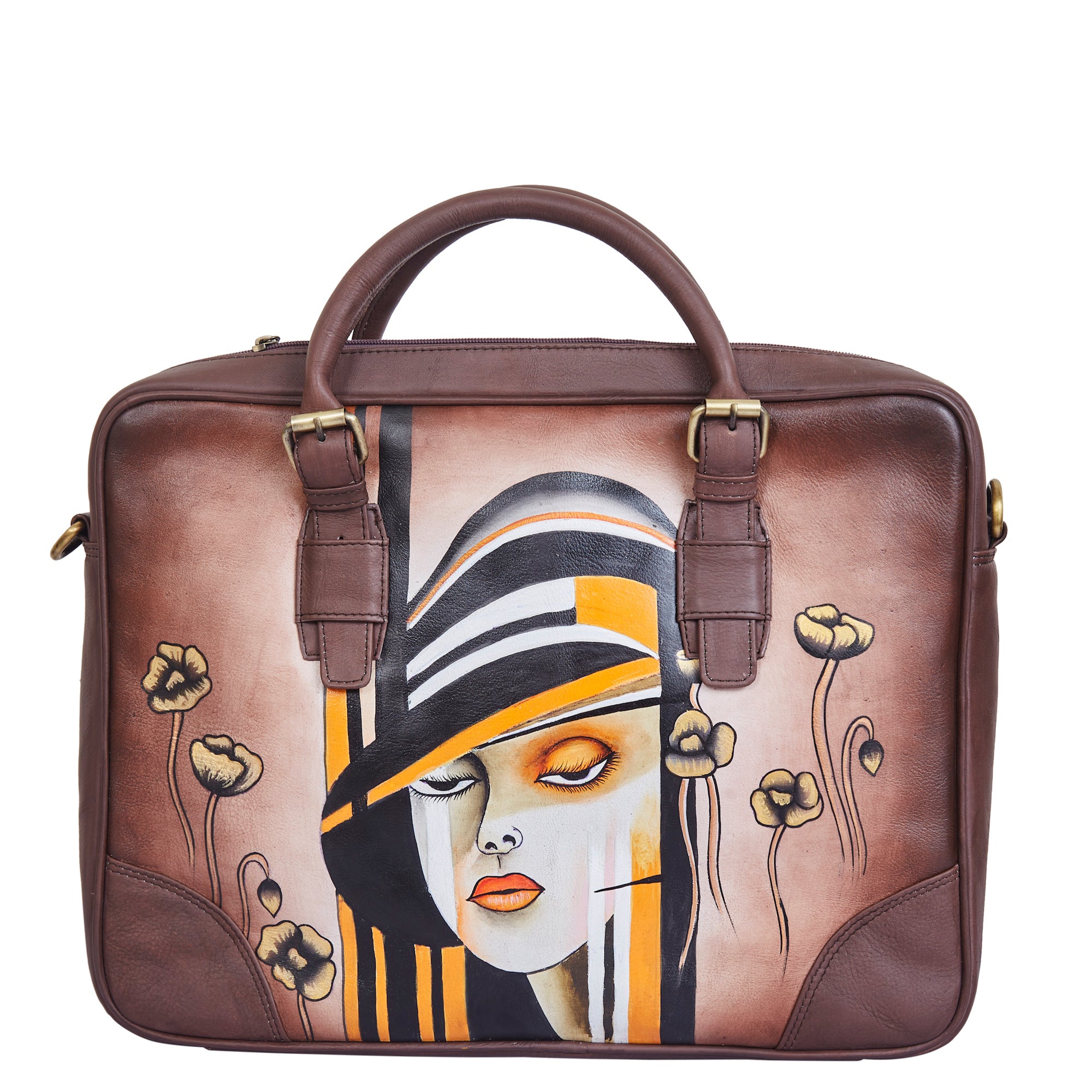 Sishka Hand-Painted Brown "Lady with Hat" Leather Business Bag for women– Shoulder Briefcase with Pocket & Adjustable Strap for Work & Travel.