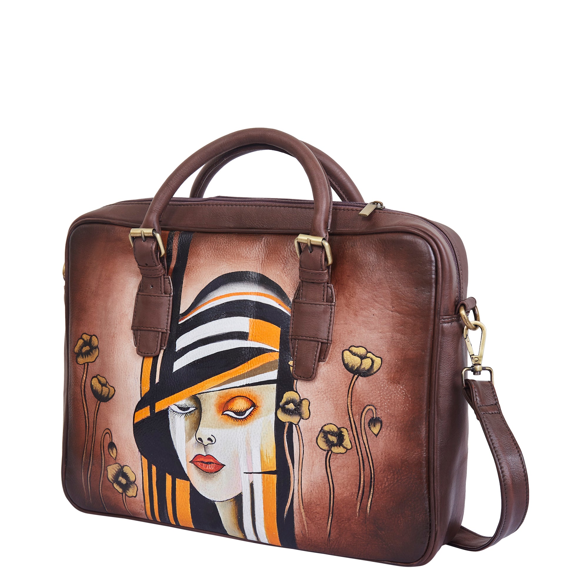 Sishka Hand-Painted Brown "Lady with Hat" Leather Business Bag for women– Shoulder Briefcase with Pocket & Adjustable Strap for Work & Travel.