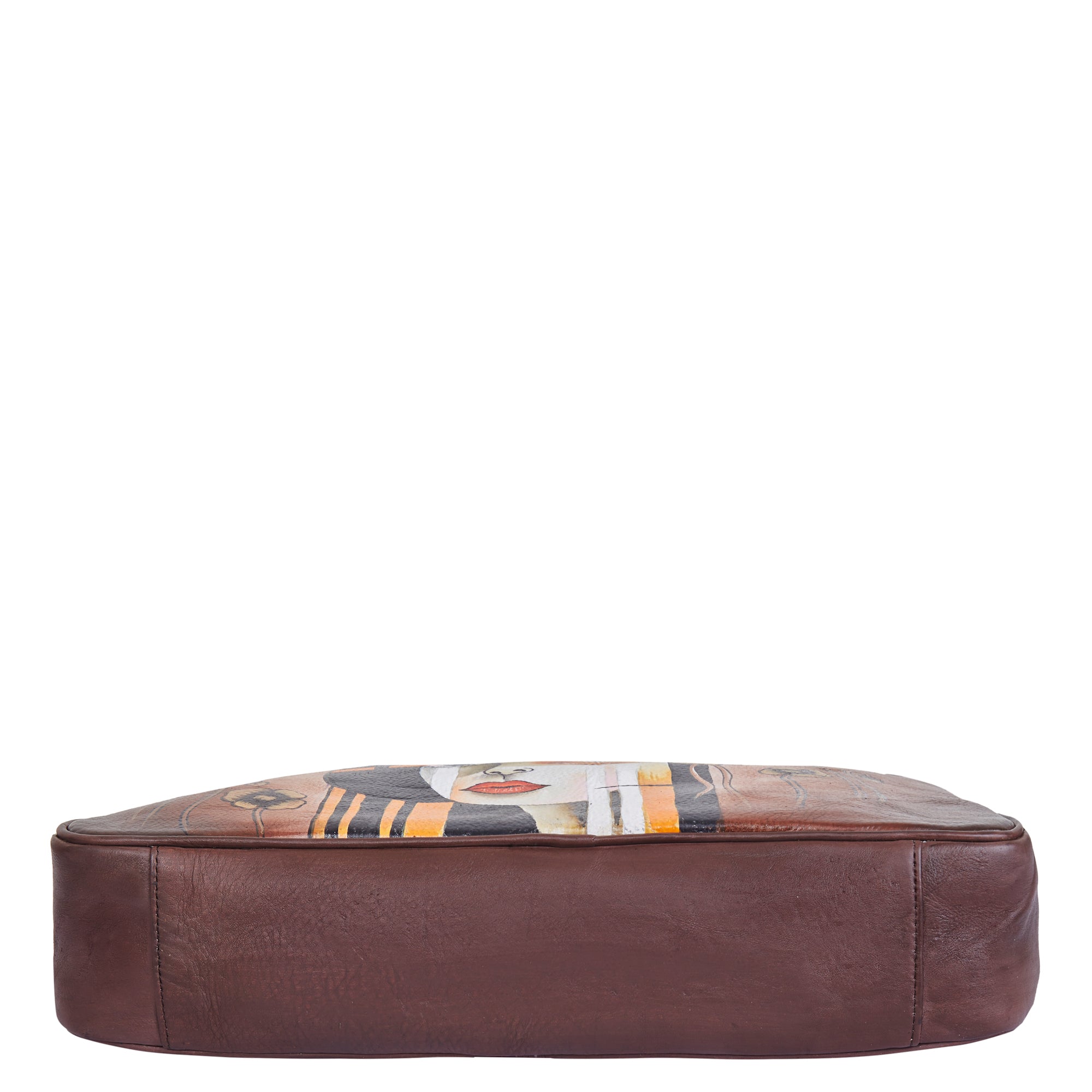 Sishka Hand-Painted Brown "Lady with Hat" Leather Business Bag for women– Shoulder Briefcase with Pocket & Adjustable Strap for Work & Travel.