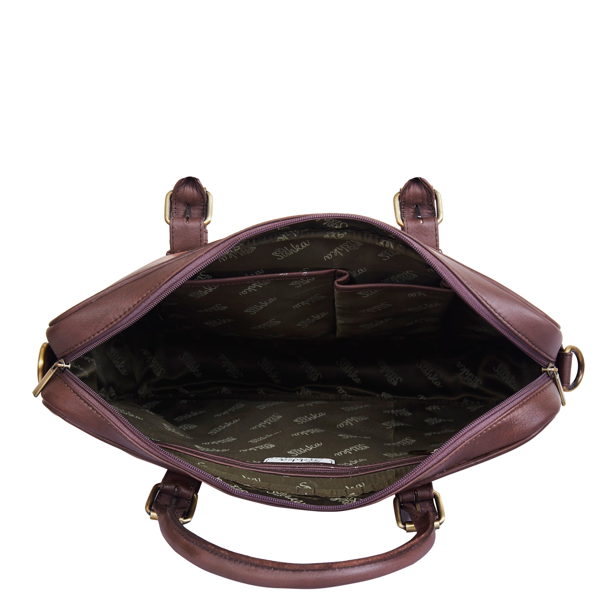 Sishka Hand-Painted Brown "Lady with Hat" Leather Business Bag for women– Shoulder Briefcase with Pocket & Adjustable Strap for Work & Travel.