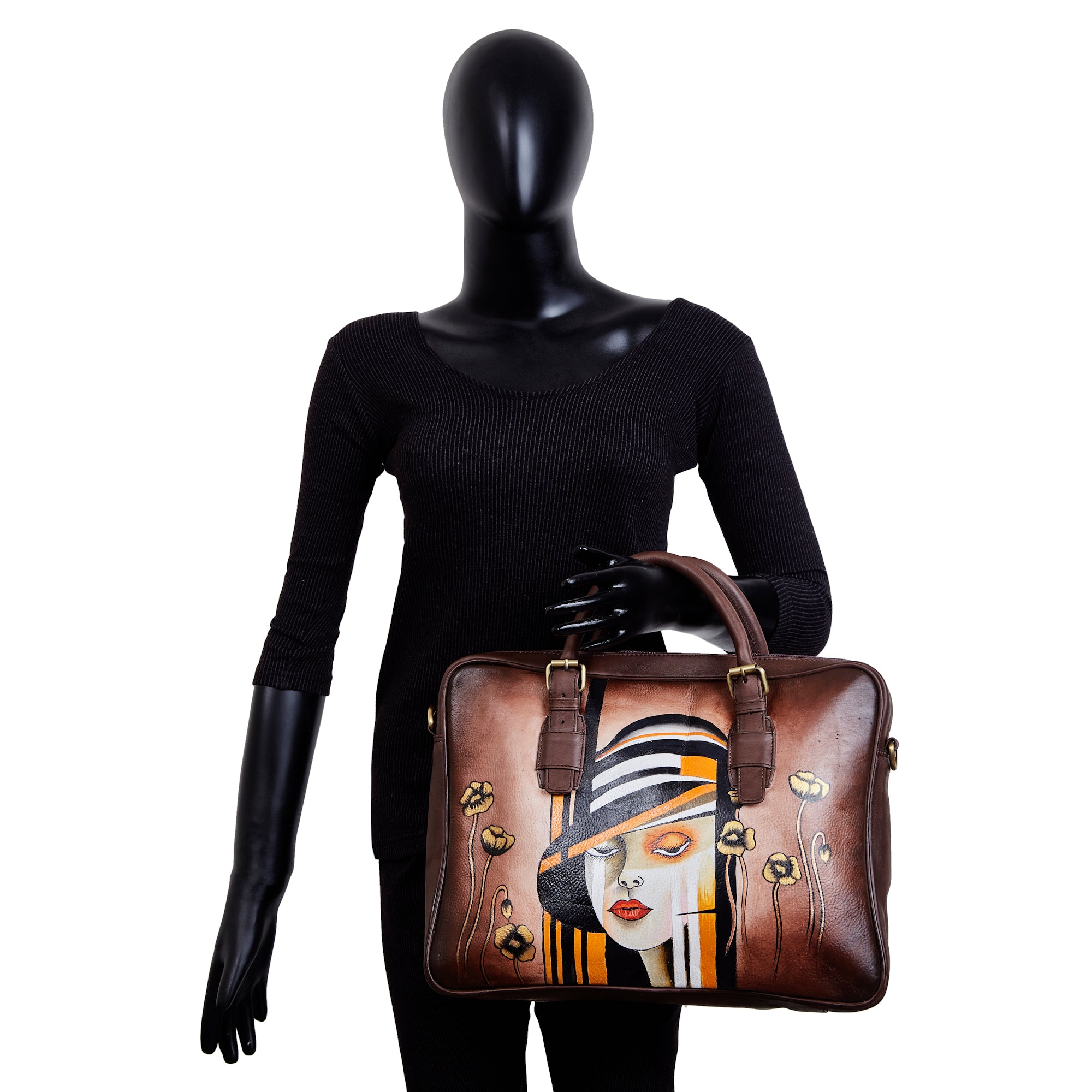 Sishka Hand-Painted Brown "Lady with Hat" Leather Business Bag for women– Shoulder Briefcase with Pocket & Adjustable Strap for Work & Travel.