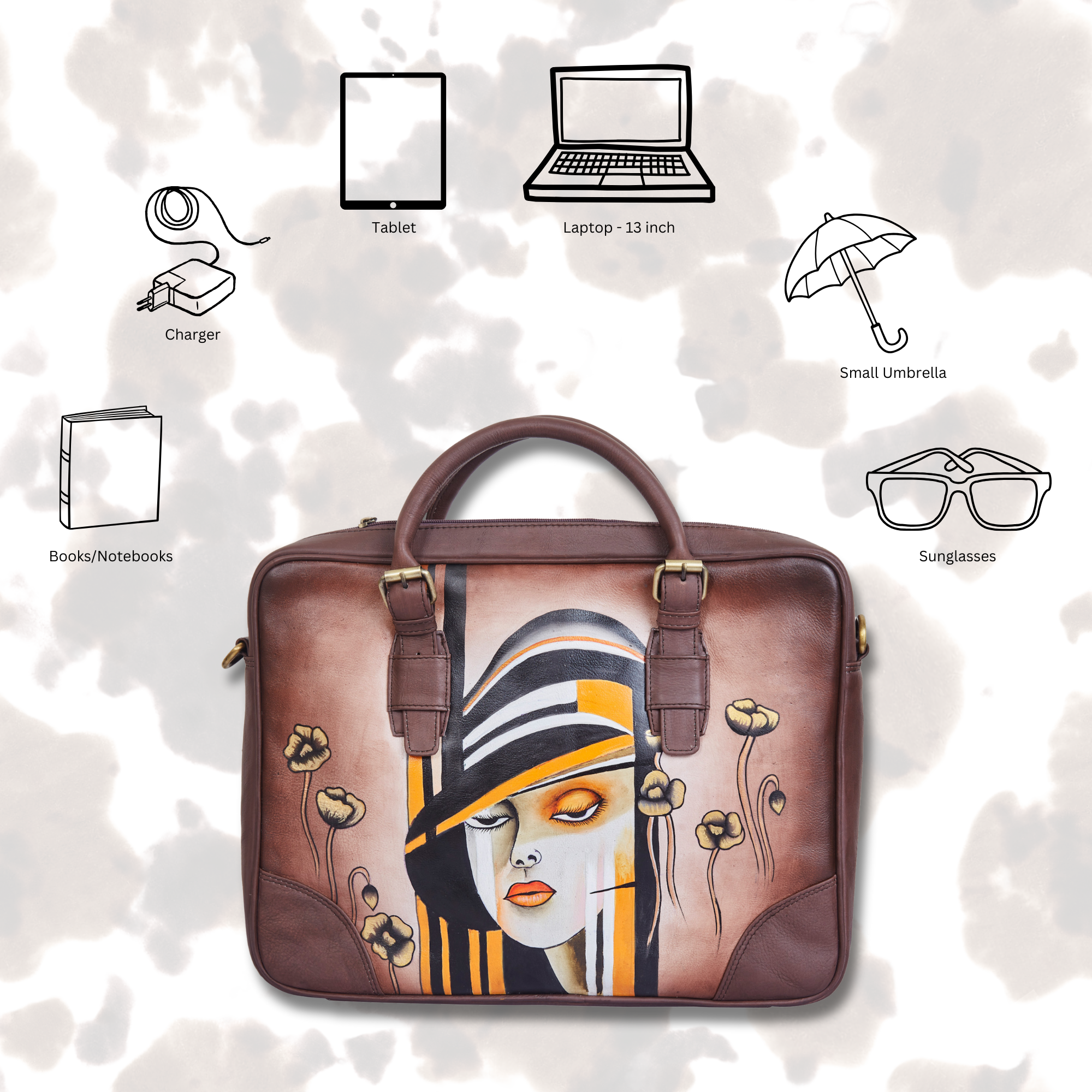 Sishka Hand-Painted Brown "Lady with Hat" Leather Business Bag for women– Shoulder Briefcase with Pocket & Adjustable Strap for Work & Travel.
