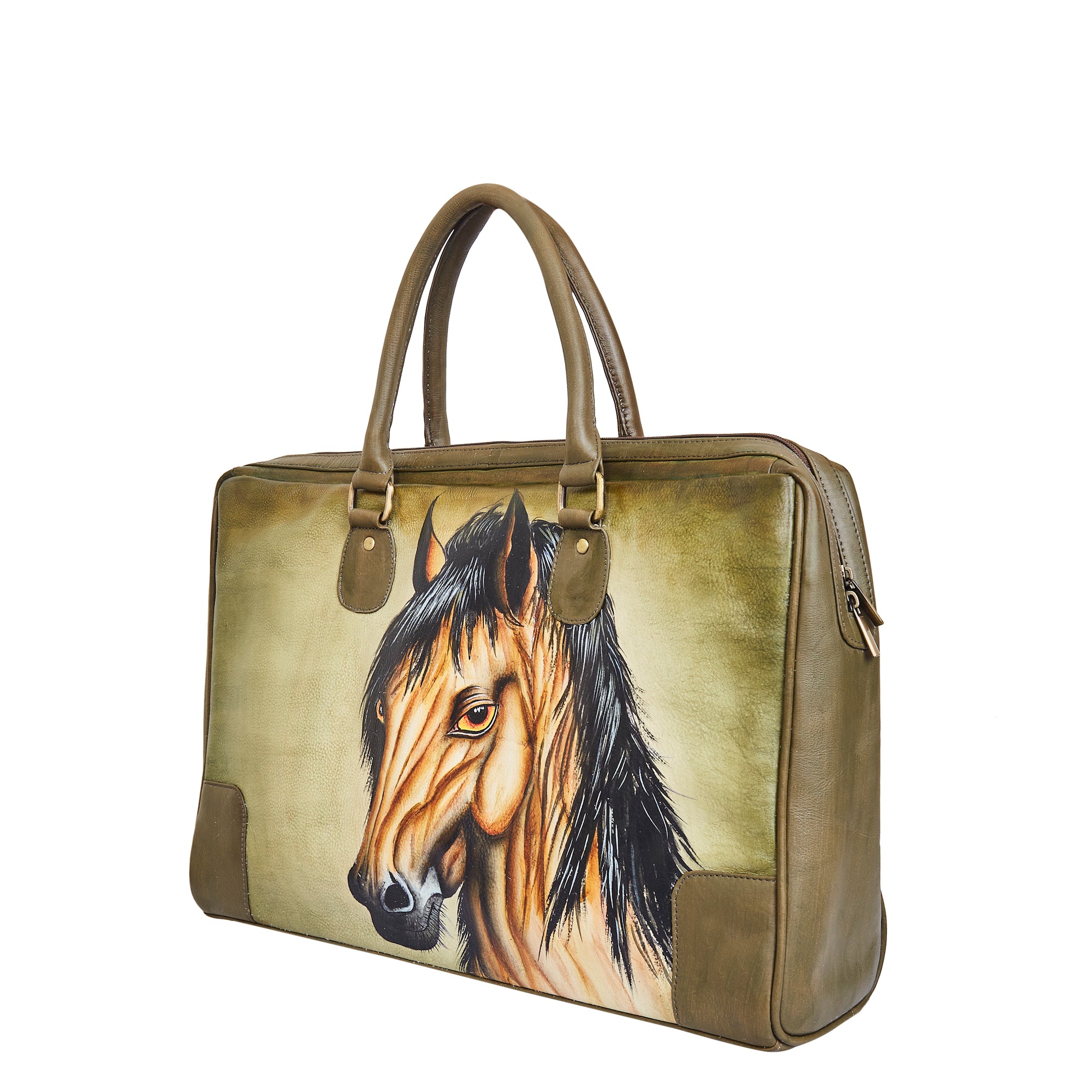 Hand-Painted Women's Leather Tote Bag – Stunning Horse Art Shoulder Purse