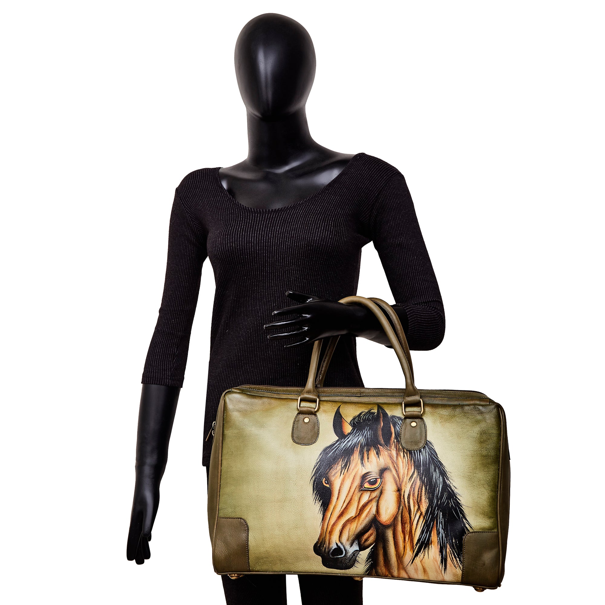 Hand-Painted Women's Leather Tote Bag – Stunning Horse Art Shoulder Purse