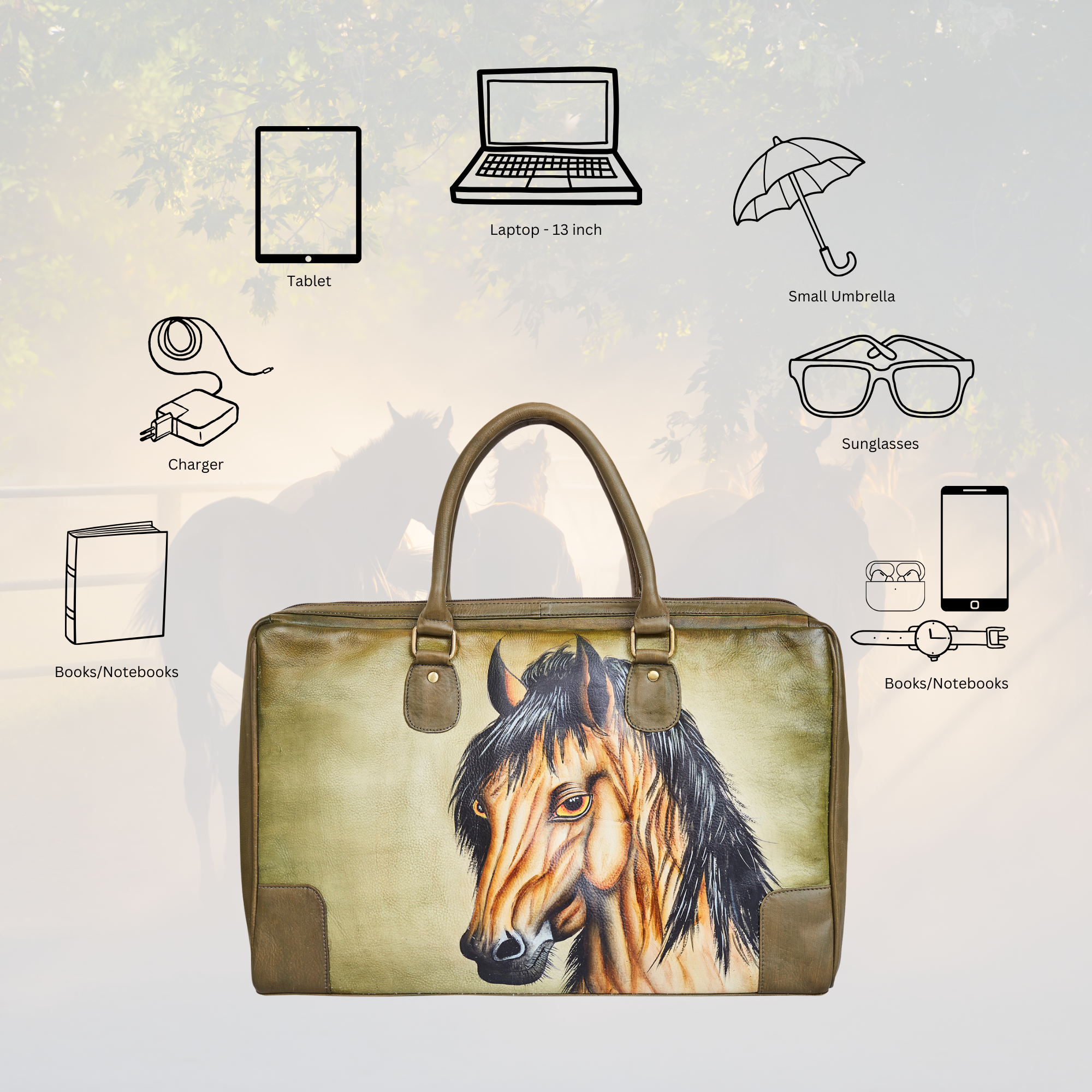 Hand-Painted Women's Leather Tote Bag – Stunning Horse Art Shoulder Purse