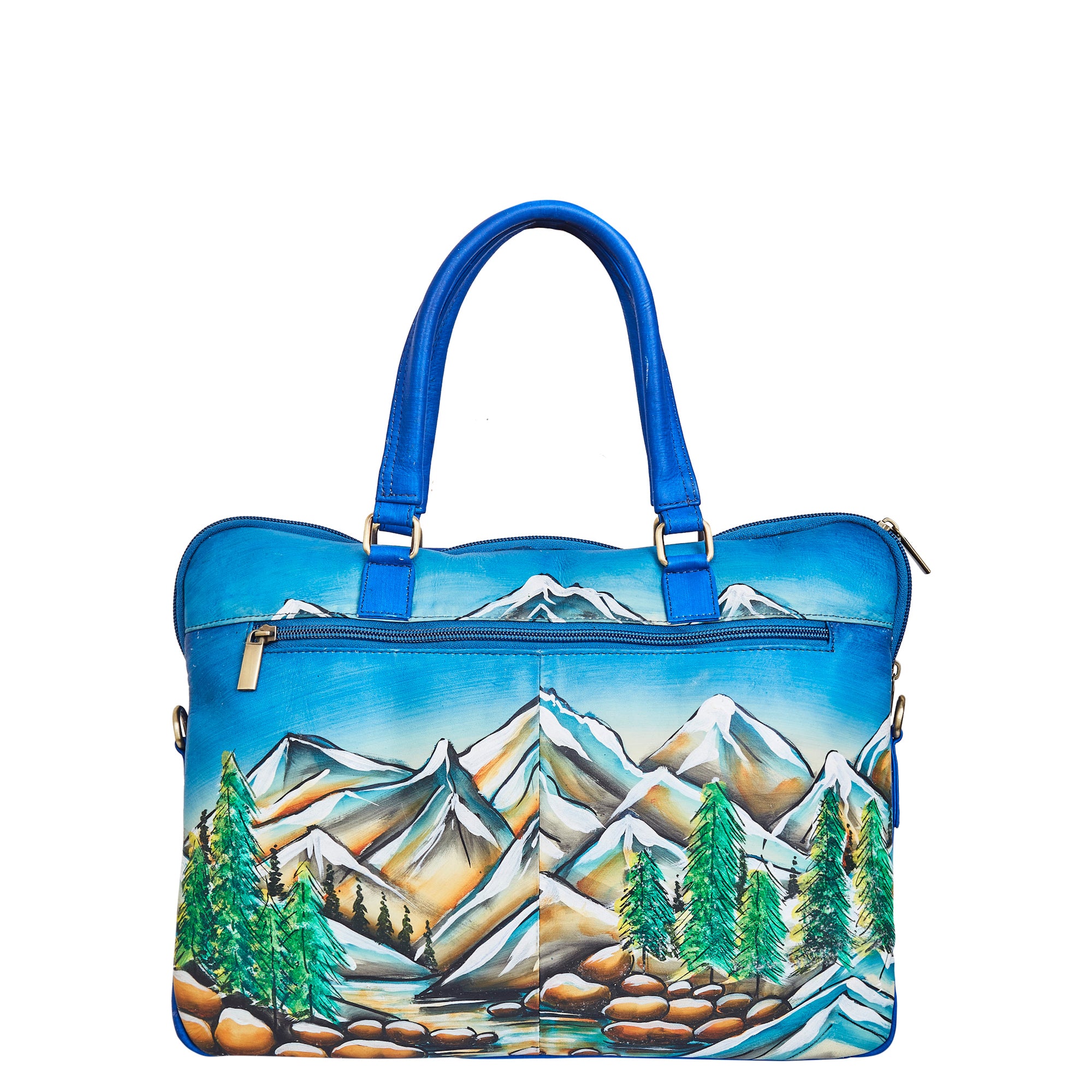 Sishka Hand-Painted Leather Business Bag for Women – Mountain Art, Stylish Satchel & Shoulder Purse.