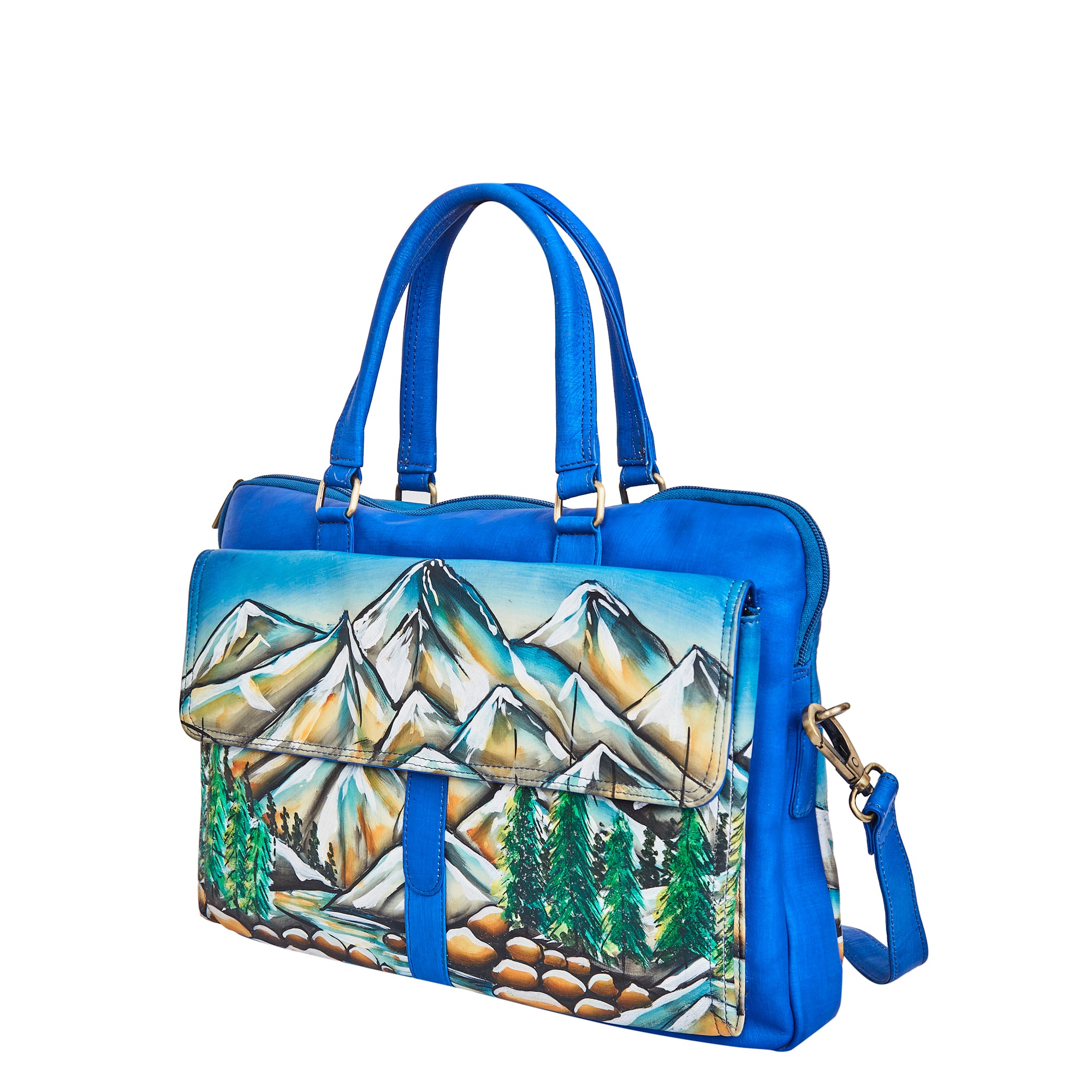 Sishka Hand-Painted Leather Business Bag for Women – Mountain Art, Stylish Satchel & Shoulder Purse.