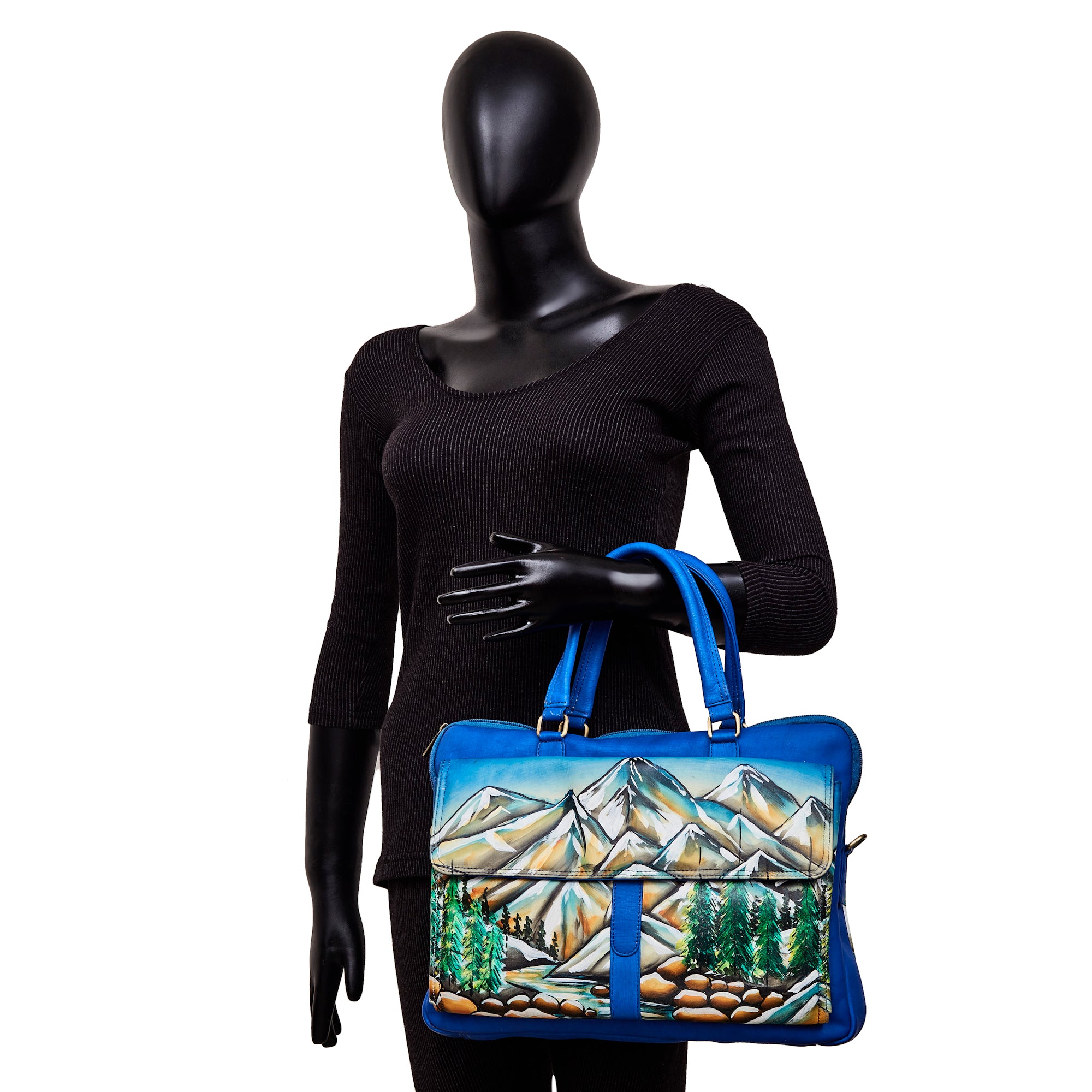 Sishka Hand-Painted Leather Business Bag for Women – Mountain Art, Stylish Satchel & Shoulder Purse.