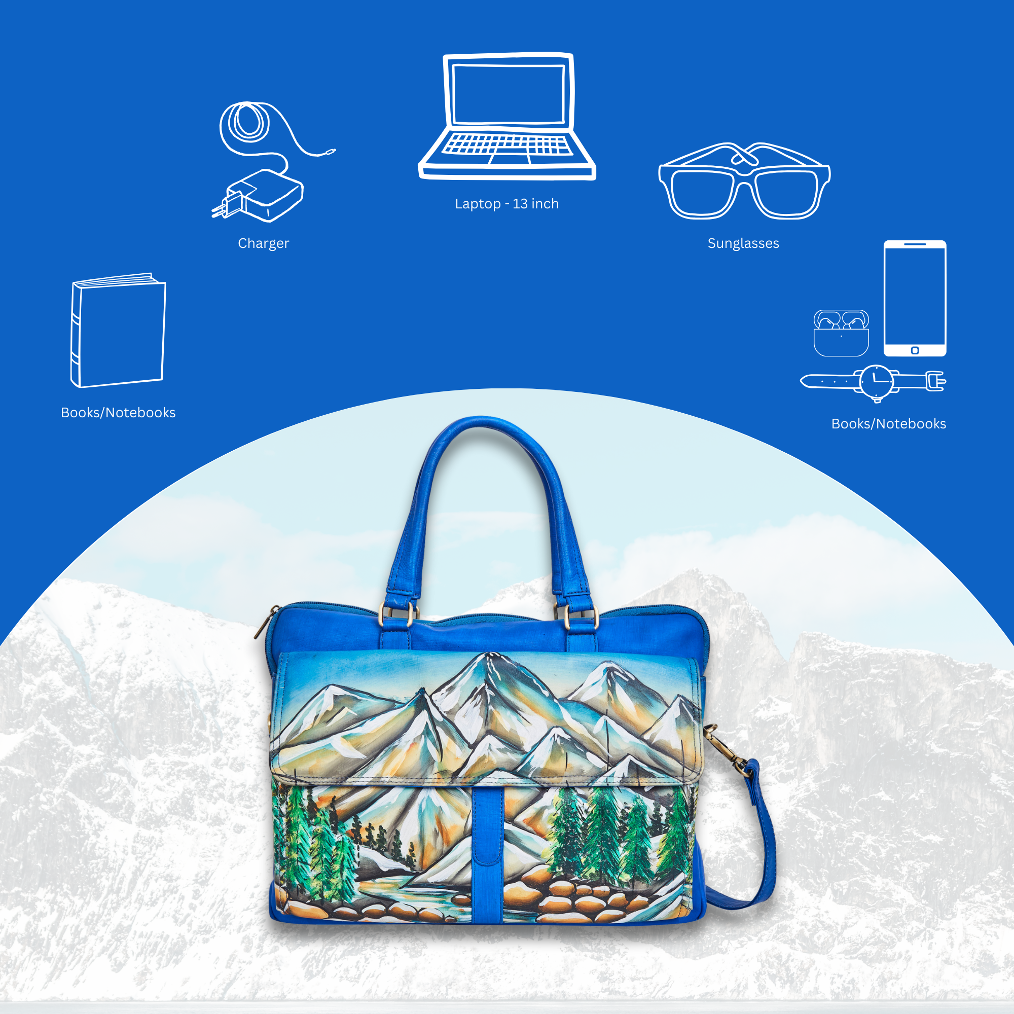 Sishka Hand-Painted Leather Business Bag for Women – Mountain Art, Stylish Satchel & Shoulder Purse.