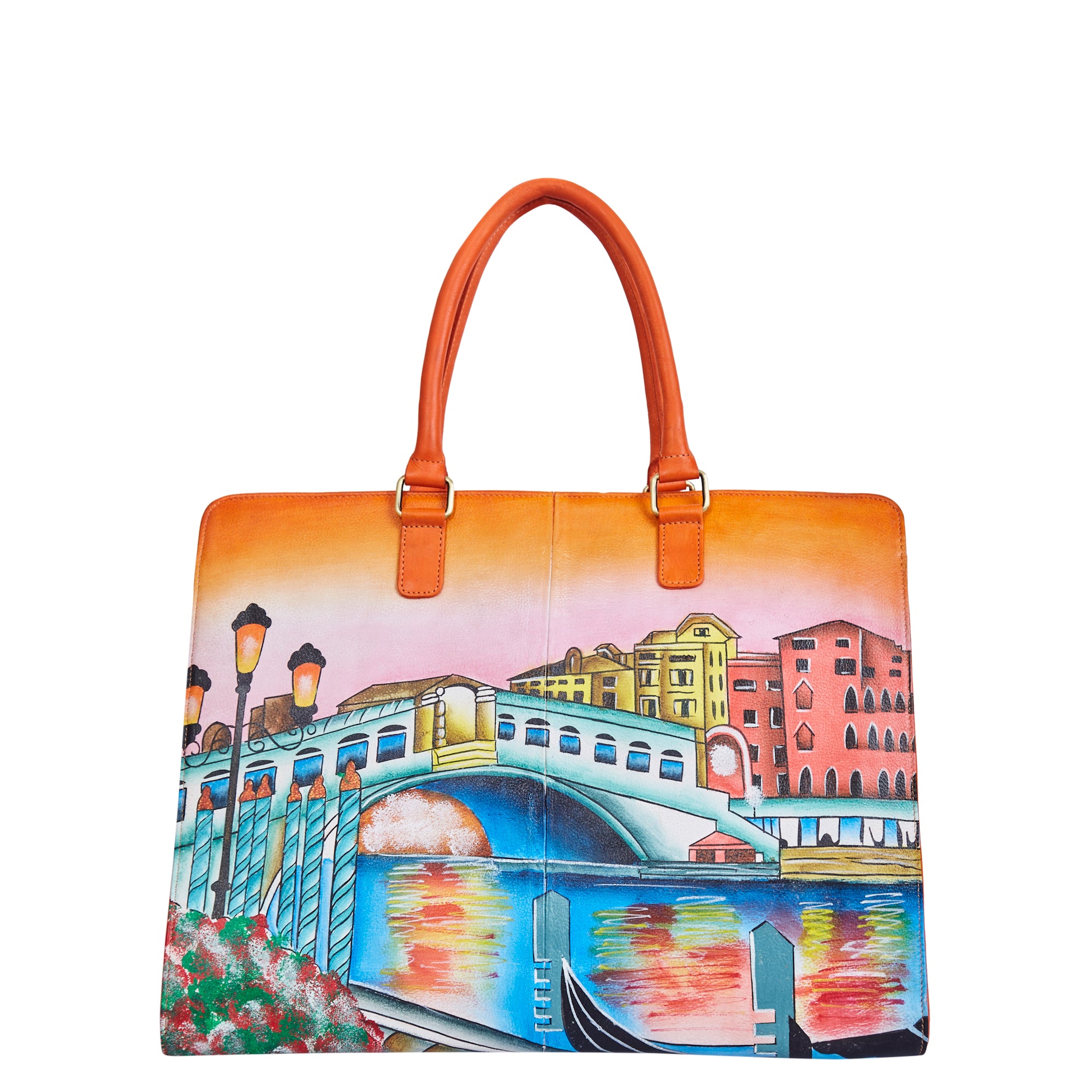 Sishka Hand-Painted Leather Business Bag – Venice Cityscape Artwork, Orange-Tone Laptop Briefcase & Crossbody Satchel for Women