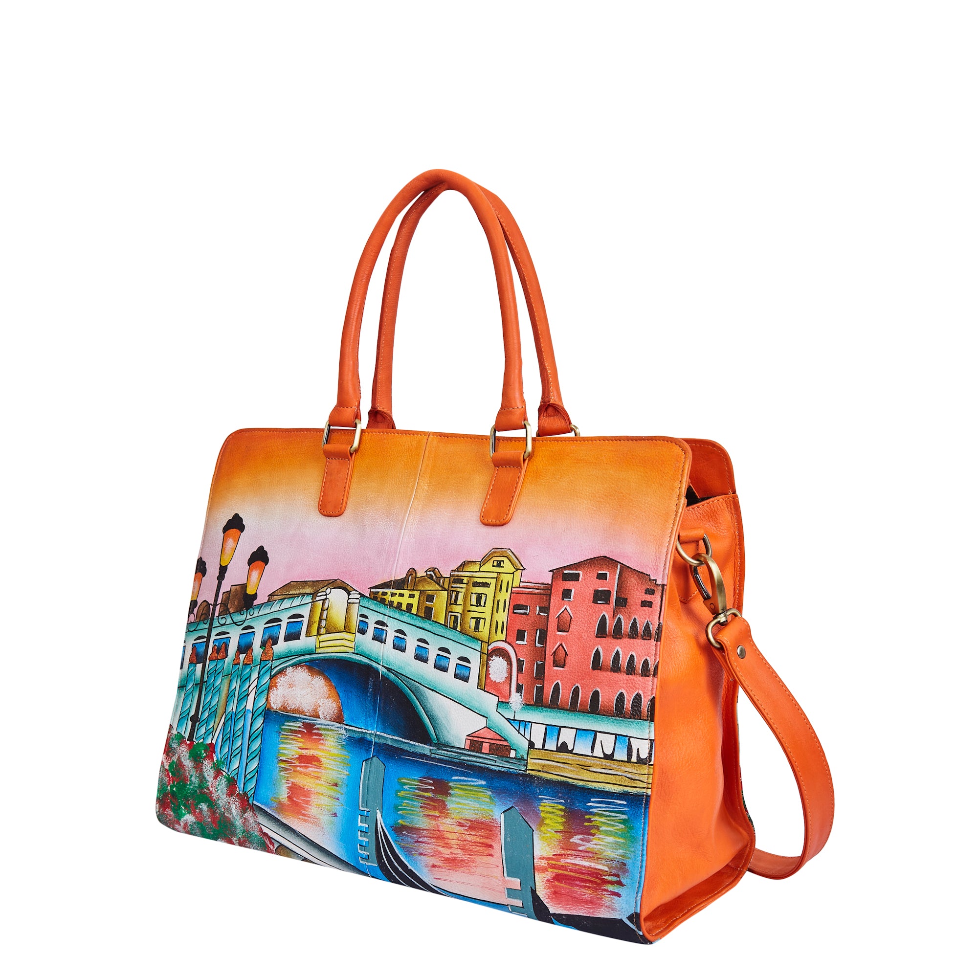 Sishka Hand-Painted Leather Business Bag – Venice Cityscape Artwork, Orange-Tone Laptop Briefcase & Crossbody Satchel for Women