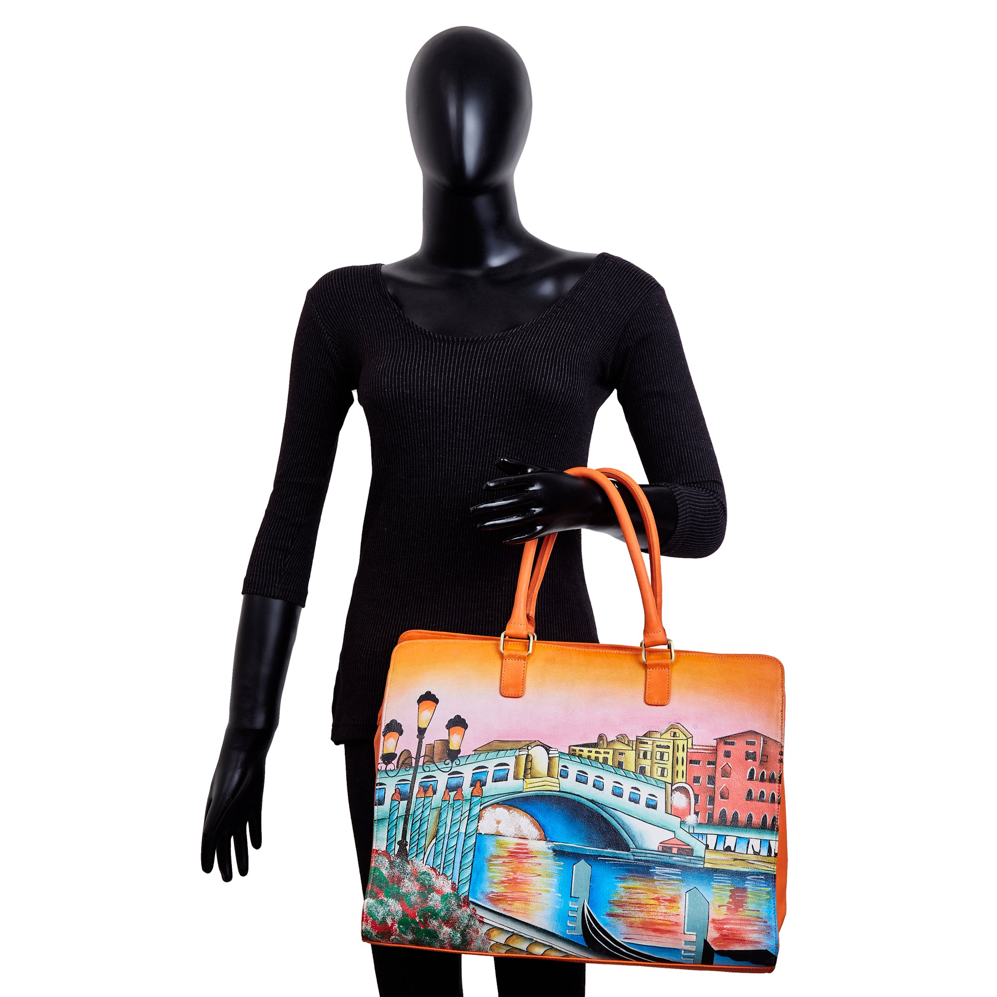 Sishka Hand-Painted Leather Business Bag – Venice Cityscape Artwork, Orange-Tone Laptop Briefcase & Crossbody Satchel for Women