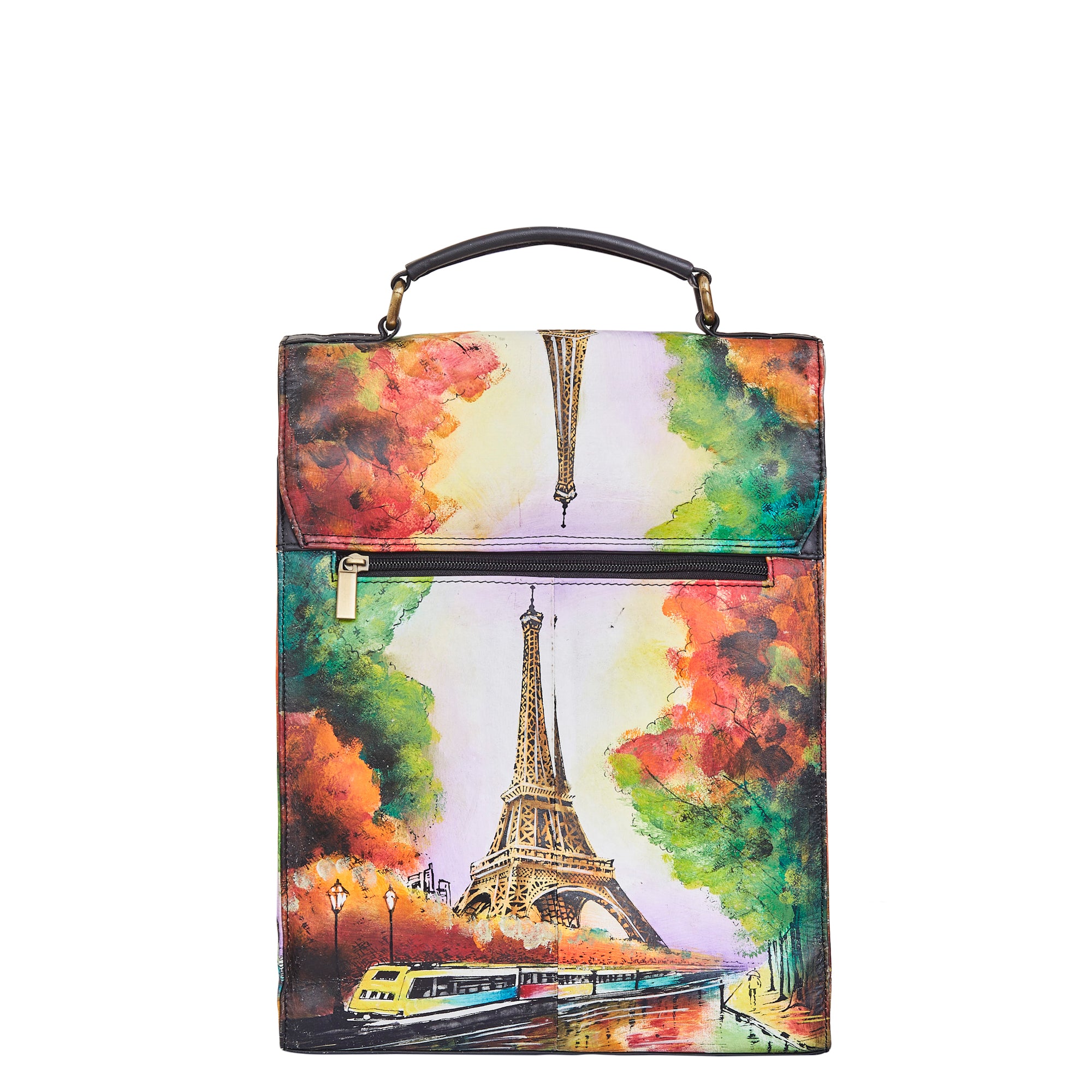Sishka Hand-Painted Women's Leather Crossbody – Eiffel Tower Art, Stylish & Spacious Satchel with Detachable Straps.