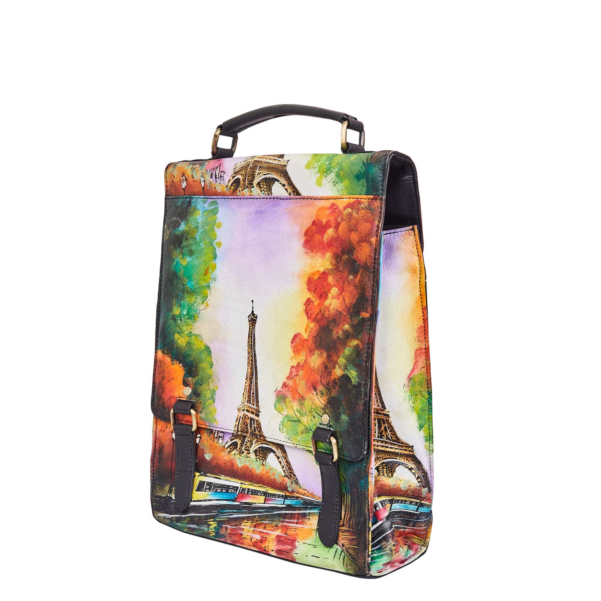 Sishka Hand-Painted Women's Leather Crossbody – Eiffel Tower Art, Stylish & Spacious Satchel with Detachable Straps.