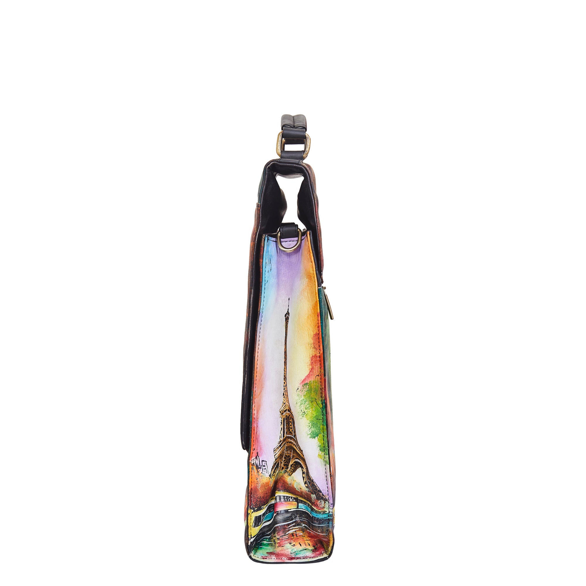 Sishka Hand-Painted Women's Leather Crossbody – Eiffel Tower Art, Stylish & Spacious Satchel with Detachable Straps.