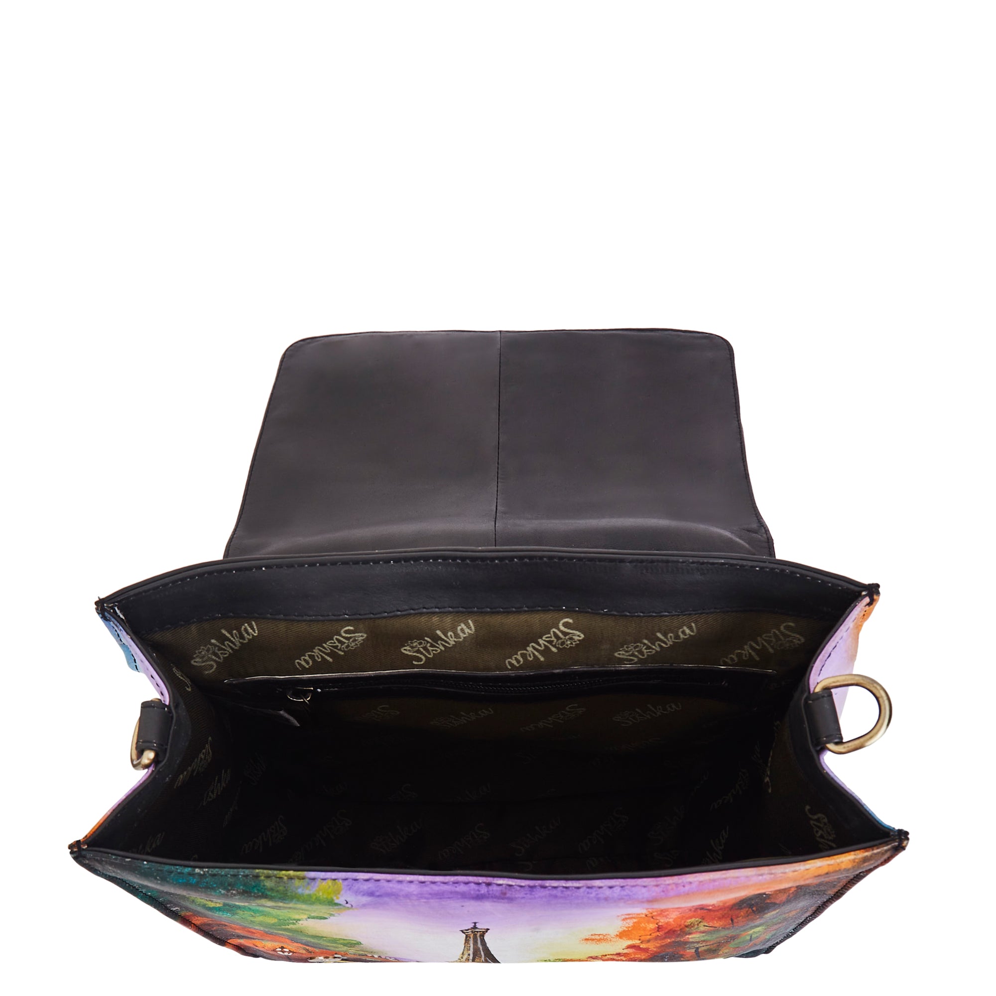 Sishka Hand-Painted Women's Leather Crossbody – Eiffel Tower Art, Stylish & Spacious Satchel with Detachable Straps.