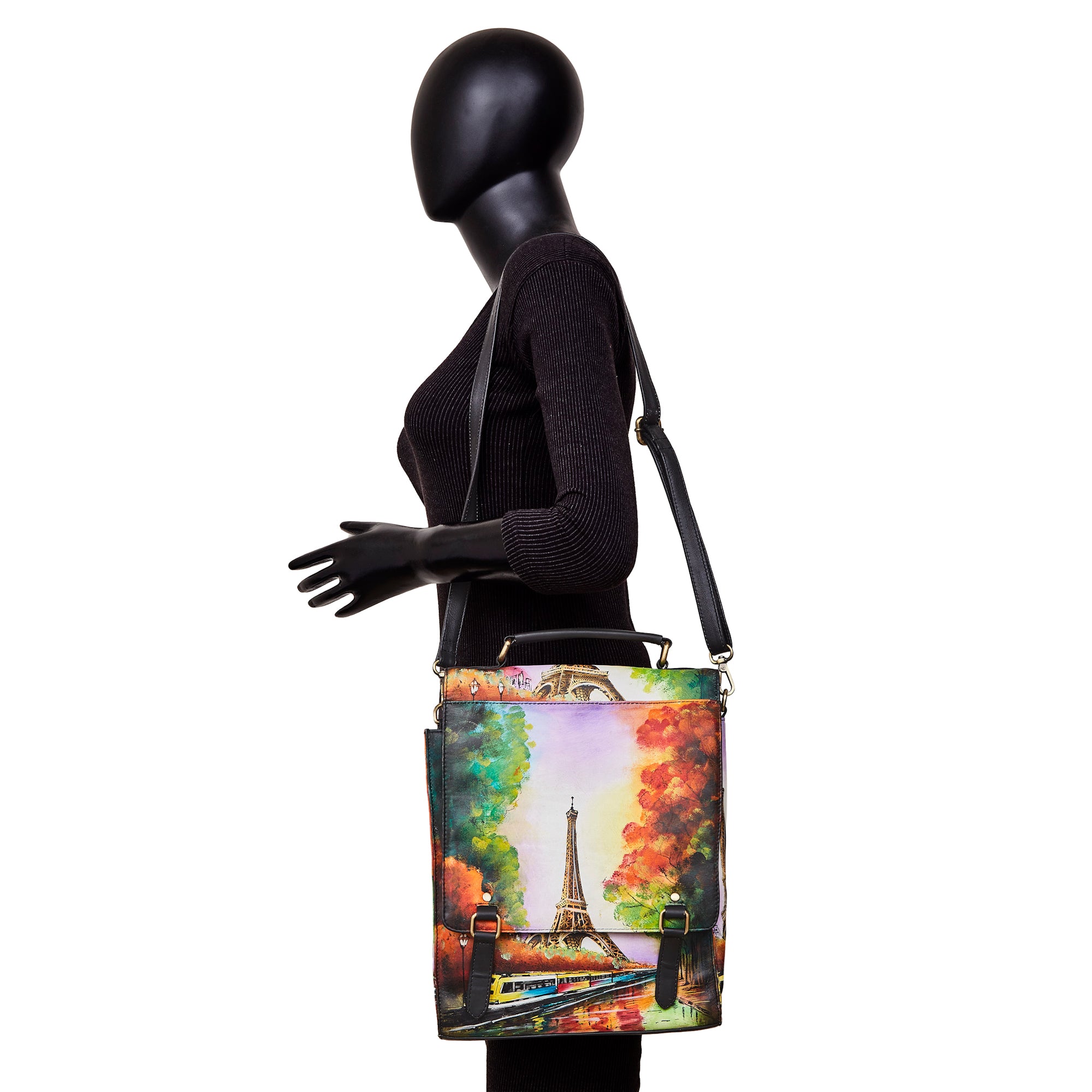 Sishka Hand-Painted Women's Leather Crossbody – Eiffel Tower Art, Stylish & Spacious Satchel with Detachable Straps.