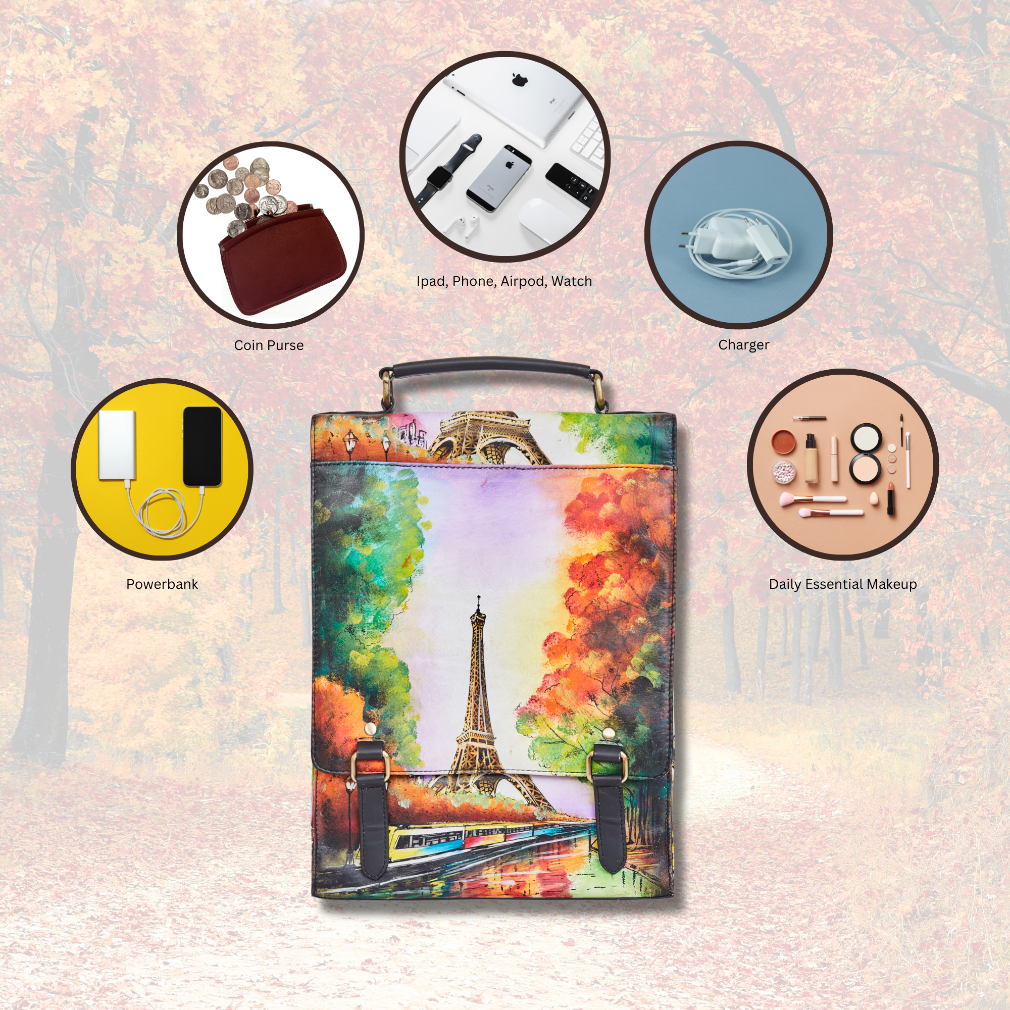 Sishka Hand-Painted Women's Leather Crossbody – Eiffel Tower Art, Stylish & Spacious Satchel with Detachable Straps.