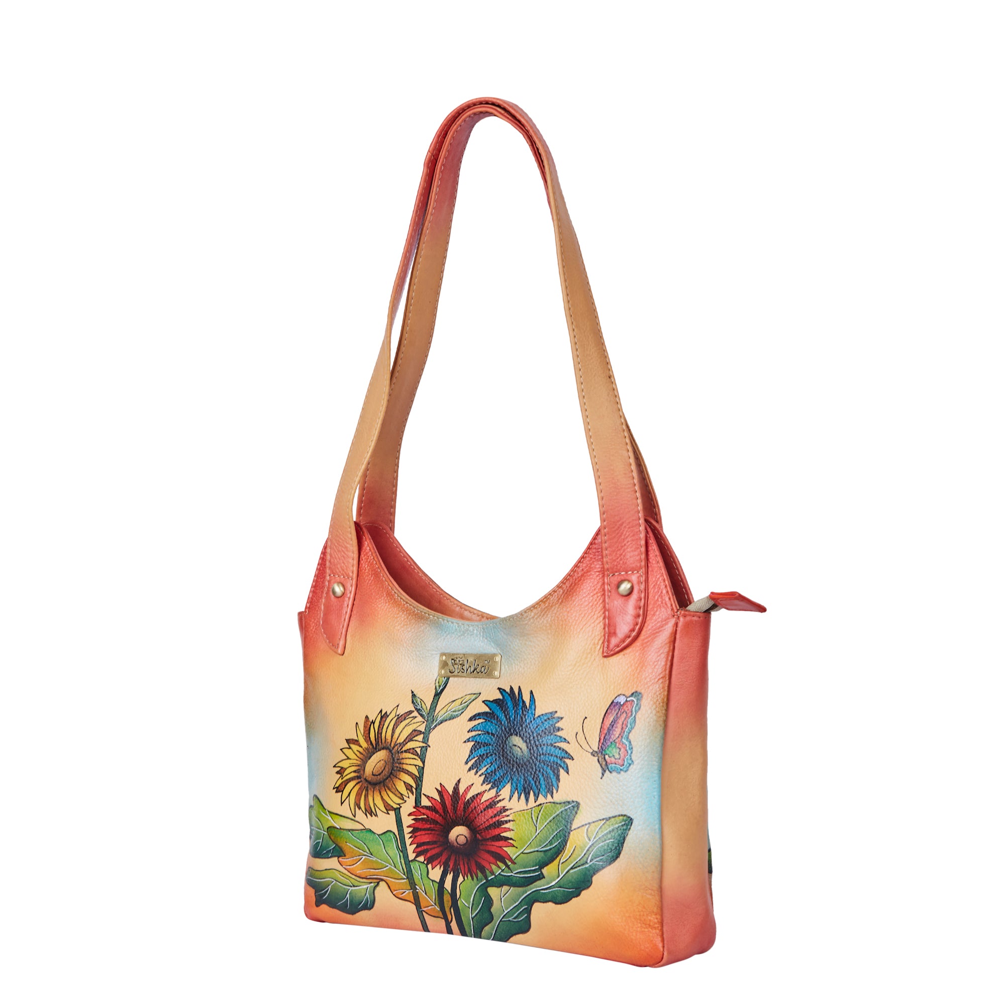 Orange Hand-Painted Leather Hobo Bag with Sunflower and Butterfly