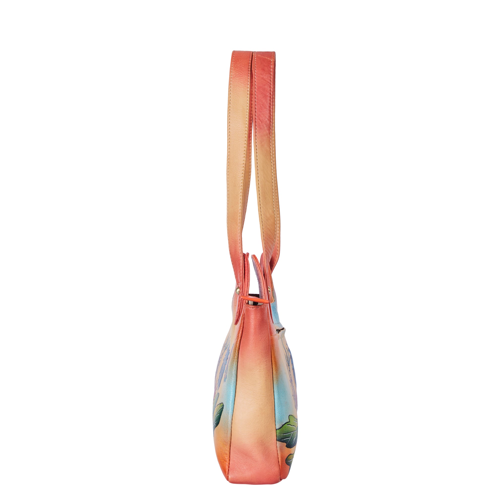 Orange Hand-Painted Leather Hobo Bag with Sunflower and Butterfly