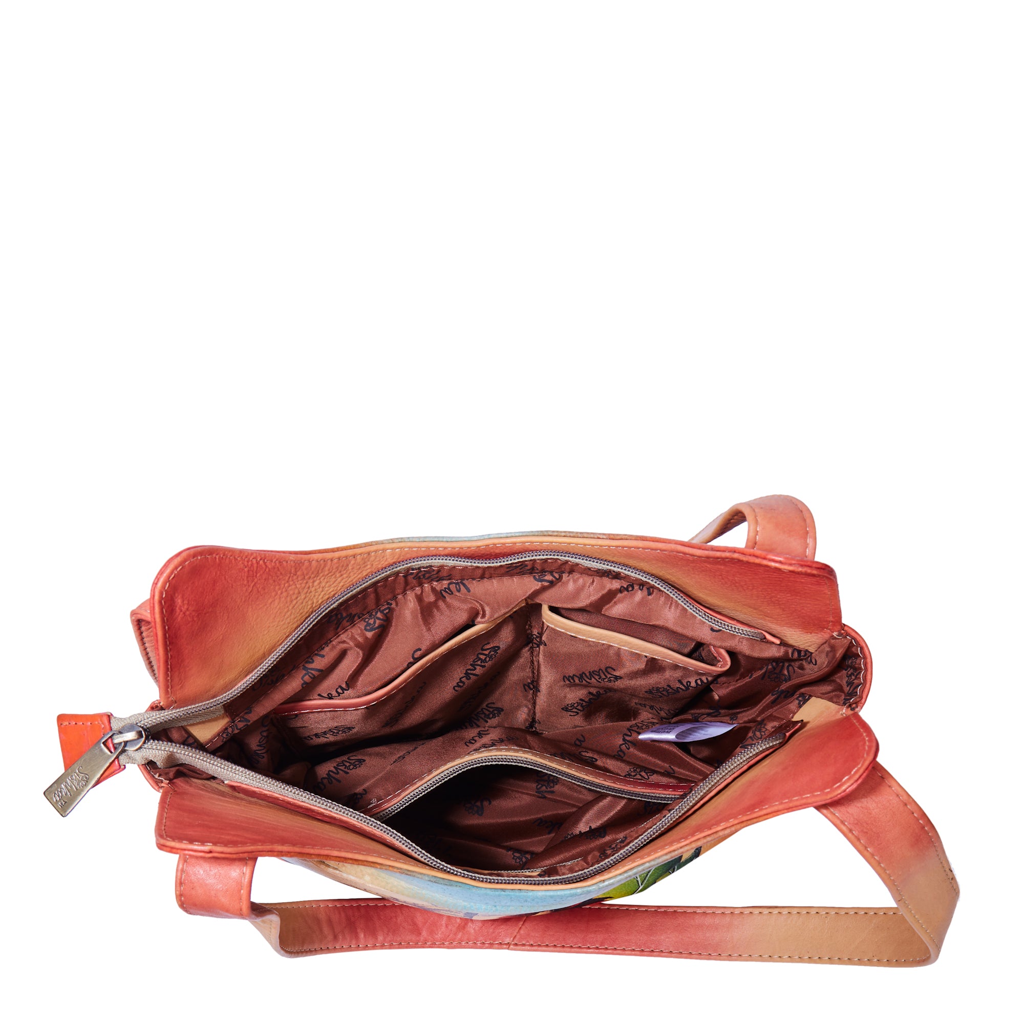Orange Hand-Painted Leather Hobo Bag with Sunflower and Butterfly