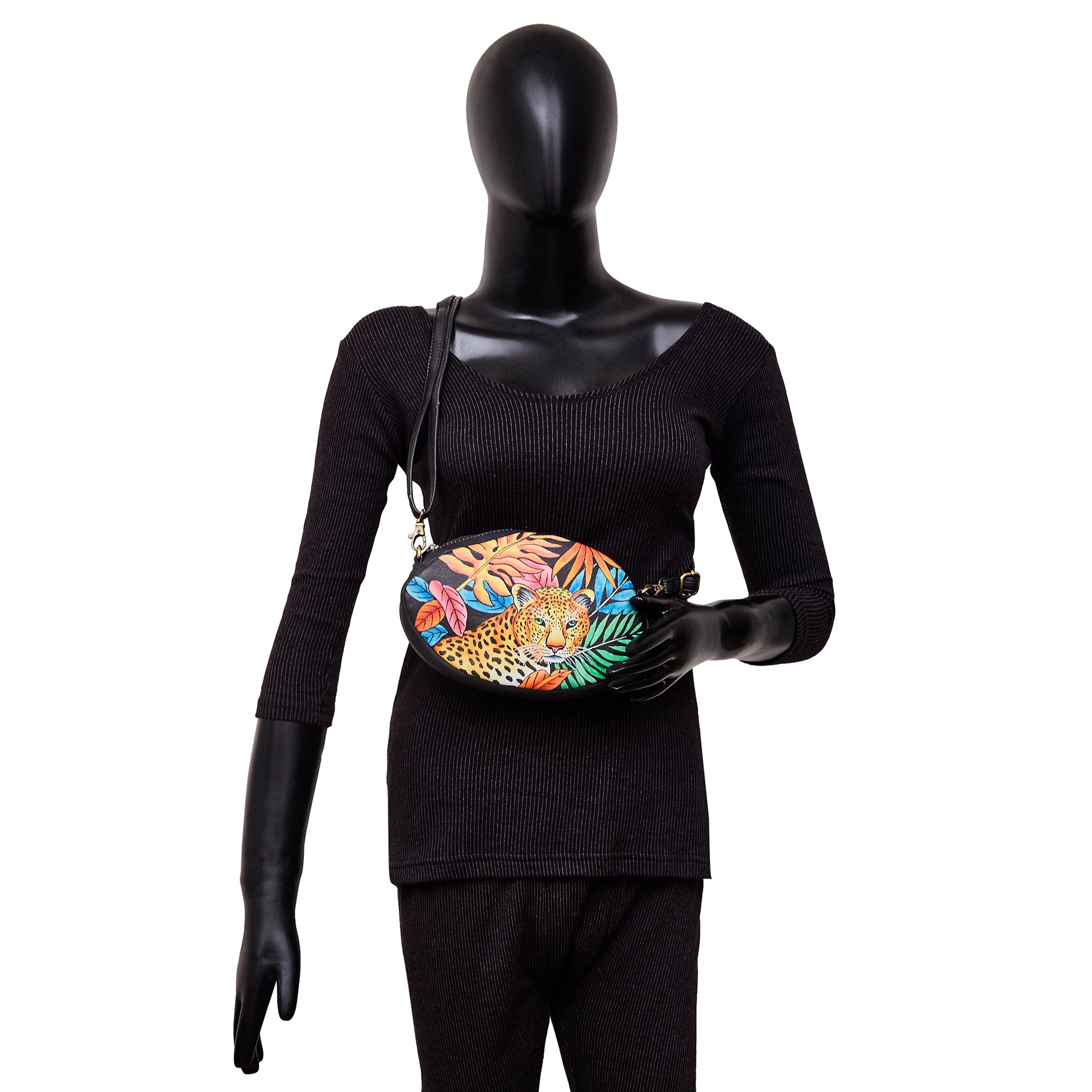 Sishka Hand-Painted Female Leather Fanny Pack – Leopard Art, Stylish Belt Bag & Shoulder Purse with Adjustable Crossbody Strap.