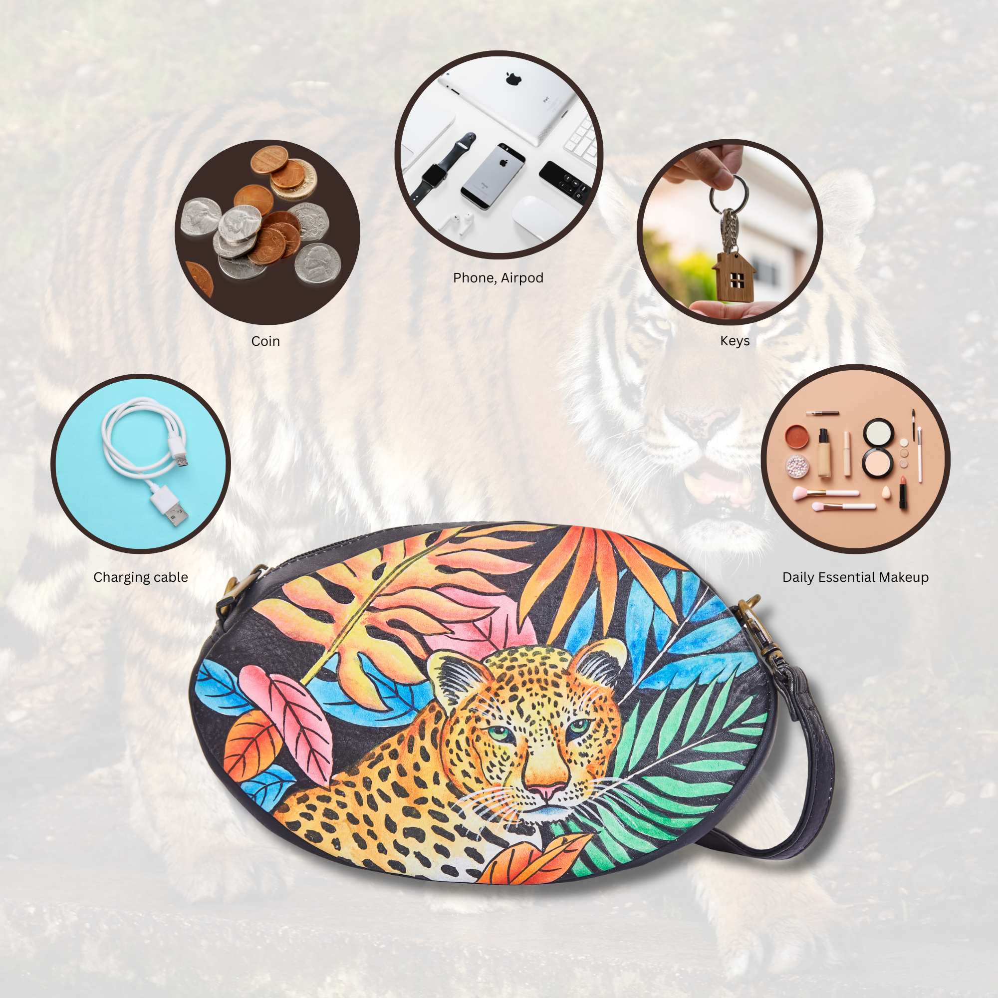 Sishka Hand-Painted Female Leather Fanny Pack – Leopard Art, Stylish Belt Bag & Shoulder Purse with Adjustable Crossbody Strap.