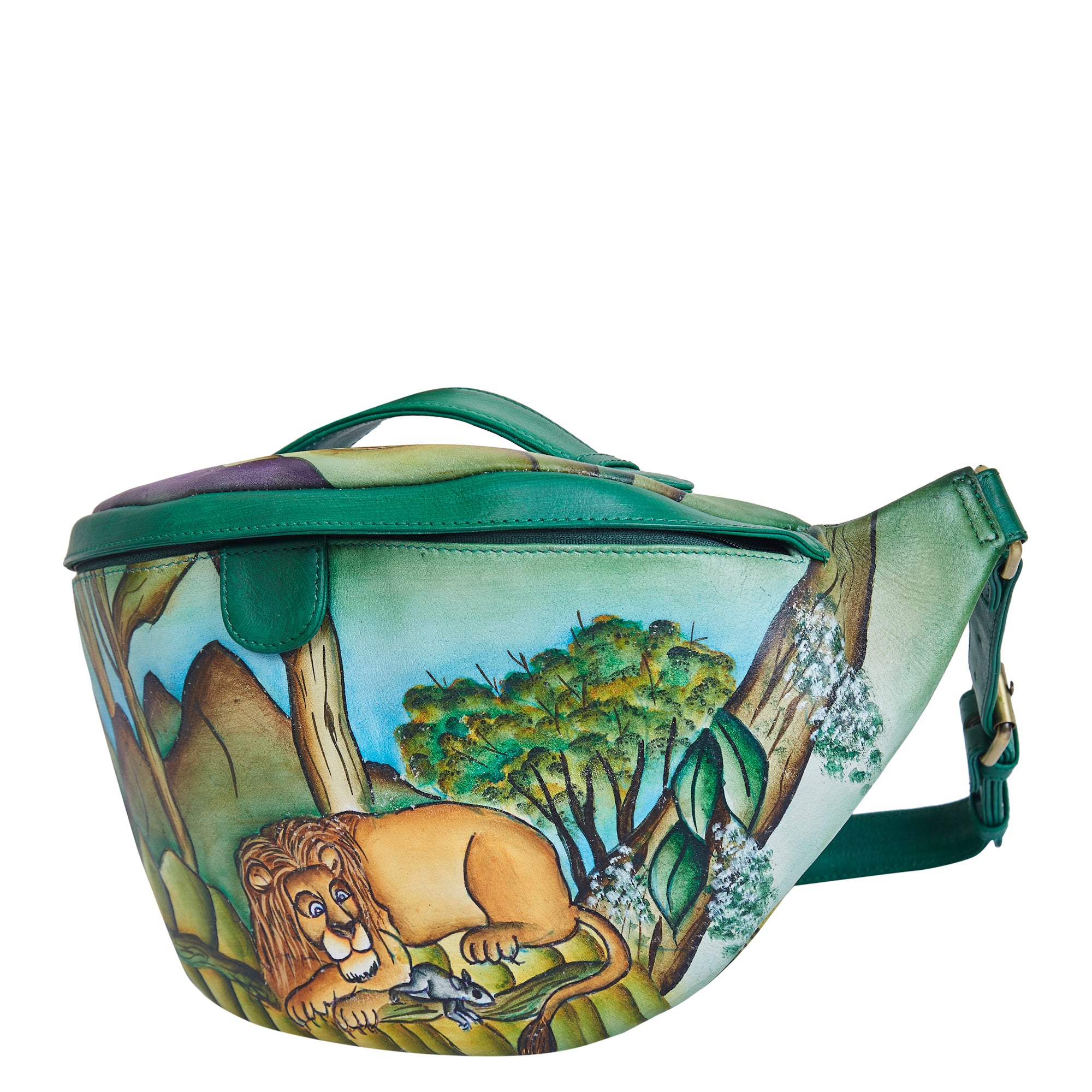 Sishka Hand-Painted Lion leather Fanny Pack – Gift-Ready Belt Bag with Adjustable Crossbody Strap for Travel & Festivals.