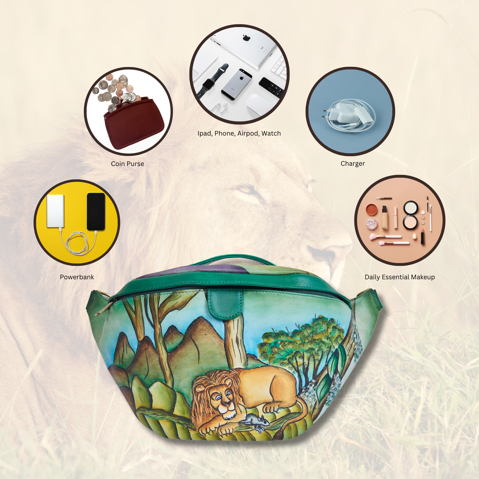 Sishka Hand-Painted Lion leather Fanny Pack – Gift-Ready Belt Bag with Adjustable Crossbody Strap for Travel & Festivals.